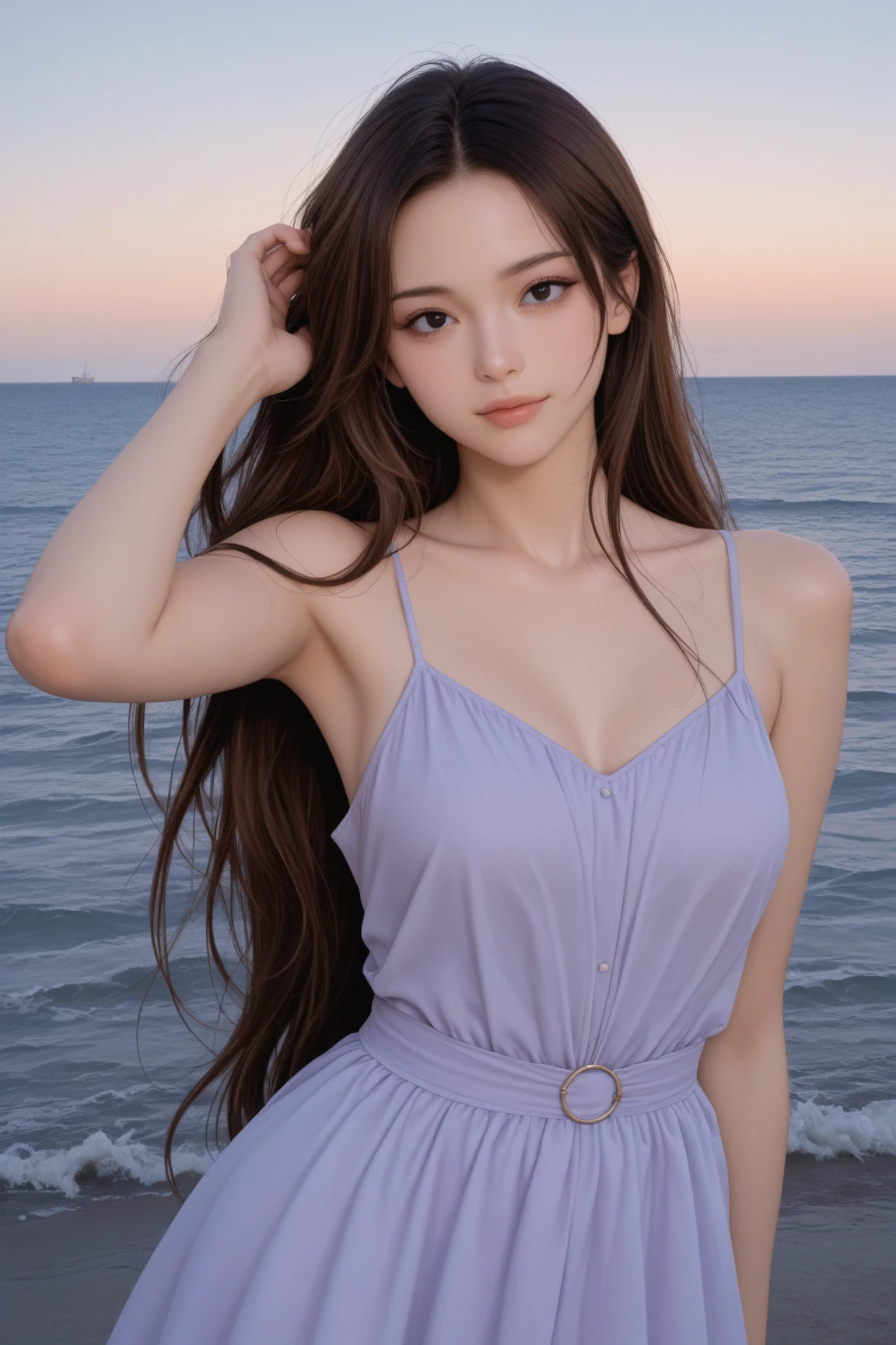 masterpiece, high resolution, best quality, Very detailed, pink eyes, beautiful woman, purple dress，beach，long hair