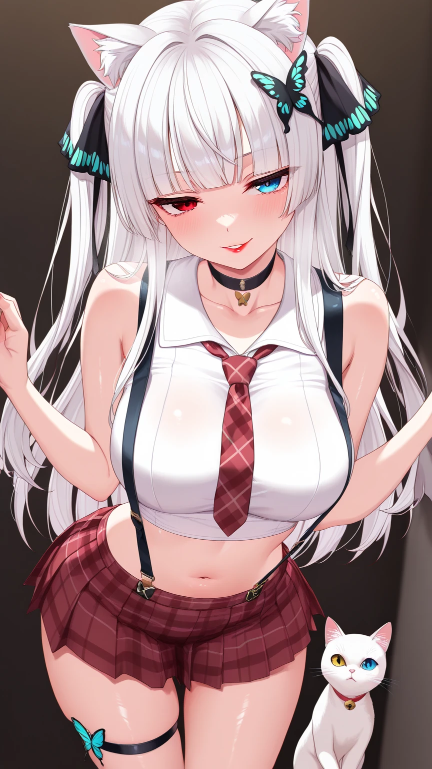 (masterpiece), perfect anatomy, intricate, (highly detailed), masterpiece, photorealistic, perfect anatomy, super detailed skin, beautiful detailed eyes, best quality, ultra-detailed looking at viewer, (extremely detailed eyes:1.3), vibrant colour, shadow, contrast, refraction, perspective, depth, good anatomy, stunning details, (big saggy breast:1.2), (white blouse:1.5), (pink bra:1.4) aaeugen, long hair, two side up, antenna hair, headgear, green pleated skirt, white knee socks,