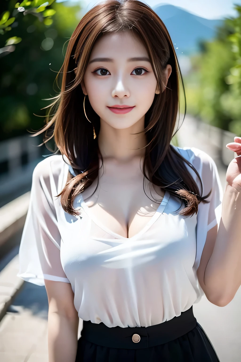 (((Beautiful woman standing in a windy park:1.3))),(Hair soars in strong winds:1.3),(The strong wind makes the shirt fly:1.3),(Skirt floating in strong wind:1.3),Holding down her frilly skirt with her hands:1.3),Off the shoulder,White shirt,Looking at the audience,whole body,From above,look up,Beautiful Hands,(Reddish brown wet shiny short messy hair),Blushing,Pointed red mouth,Big Breasts,Accentuate your breasts,Perfect body curves,Beautiful clavicle,((Expressing happiness through facial expressions:1.3))),Nice face,
Detailed clothing features,Detailed hair features,Detailed facial features,Looking into the camera,,(Dynamic and sexy pose),Cinematic Light,(Highest quality,Written boundary depth,Intricate details,The contrast of light and shadow、The subject appears three-dimensional,) ,Digital single-lens reflex camera, (Realistic),(Picture Mode Ultra HD,)
