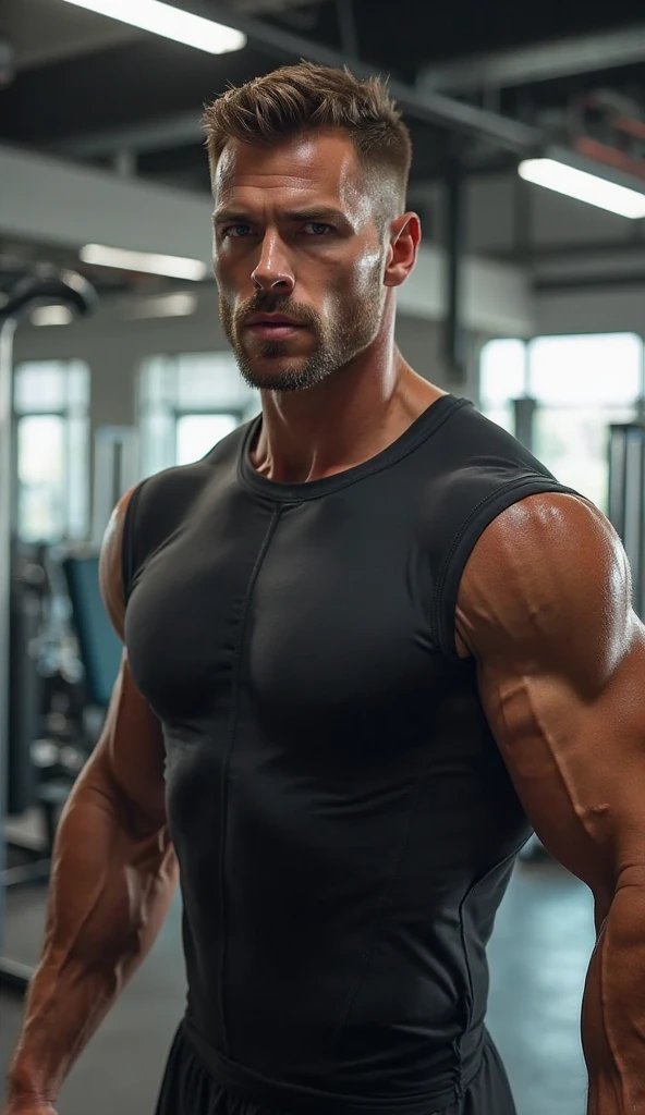 an young aesthetic muscular handsome man with sharp facial features and chest, front light, standing next a gym, wearing a tight tshirt wet soaked, his arms are on the railing, detailed and sharp image quality, ultra realistic, 8k, ultra realistic background, subtle lighting