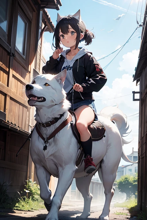 A little girl rides on a Tibetan mastiff The girl and the Tibetan mastiff have all kinds of jewelry on them --auto