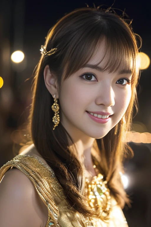 there is a woman that is smiling and wearing a gold dress, chiho, aya takano, portrait of jossi of blackpink, cindy avelino, gemma chen, harumi, very very low quality picture, low quality photo, natsumi mukai artwrok, janice sung, yukii morita, lalisa manobal, tzuyu from twice