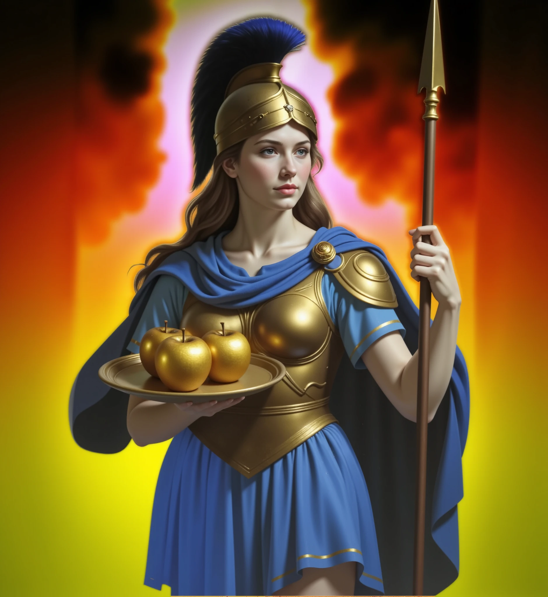 The Greek goddess, standing in three-quarter view, surrounded by a radiant golden-yellow aura. She has light brown hair partially visible beneath a golden helmet adorned with a blue plume. Her skin is fair, with rosy cheeks, and she wears a golden cuirass over a flowing blue garment. She holds a tall spear in one hand and a golden tray with three golden apples in the other. The background features warm golden tones radiating from a yellow halo. The artwork is detailed, rich in color and symbolism.