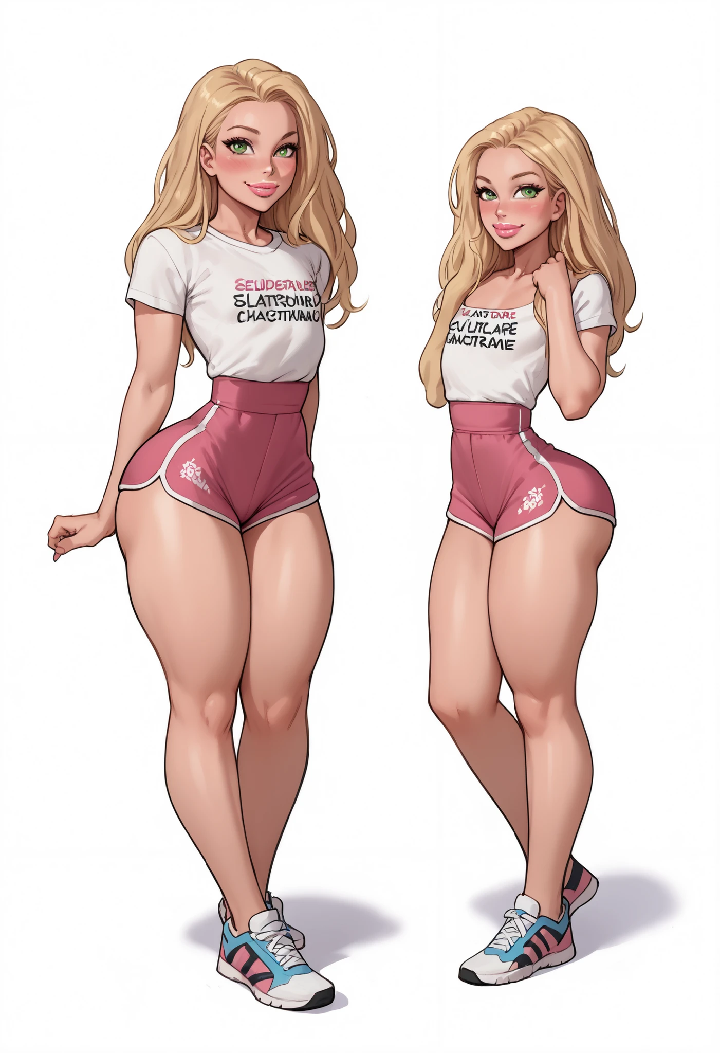 cute young girl, (1girl), (shirt print ""), girl naked, (ultra wide hips), (ultra narrow waist), (thick thighs), (flat chest), (cute face), long blonde hair, beautiful eyes, shy smile, looking at viewer, standing up, blushing, sealed lips, pale blush skin, (sexy pose), (simple background), (masterpiece), (best quality), (perfect eyes), (absurdres), (perfect face), girl topless,green eyes, big ass, Girl with gym shorts, solo, full body, daughter and father, 1old man, girl german blonde