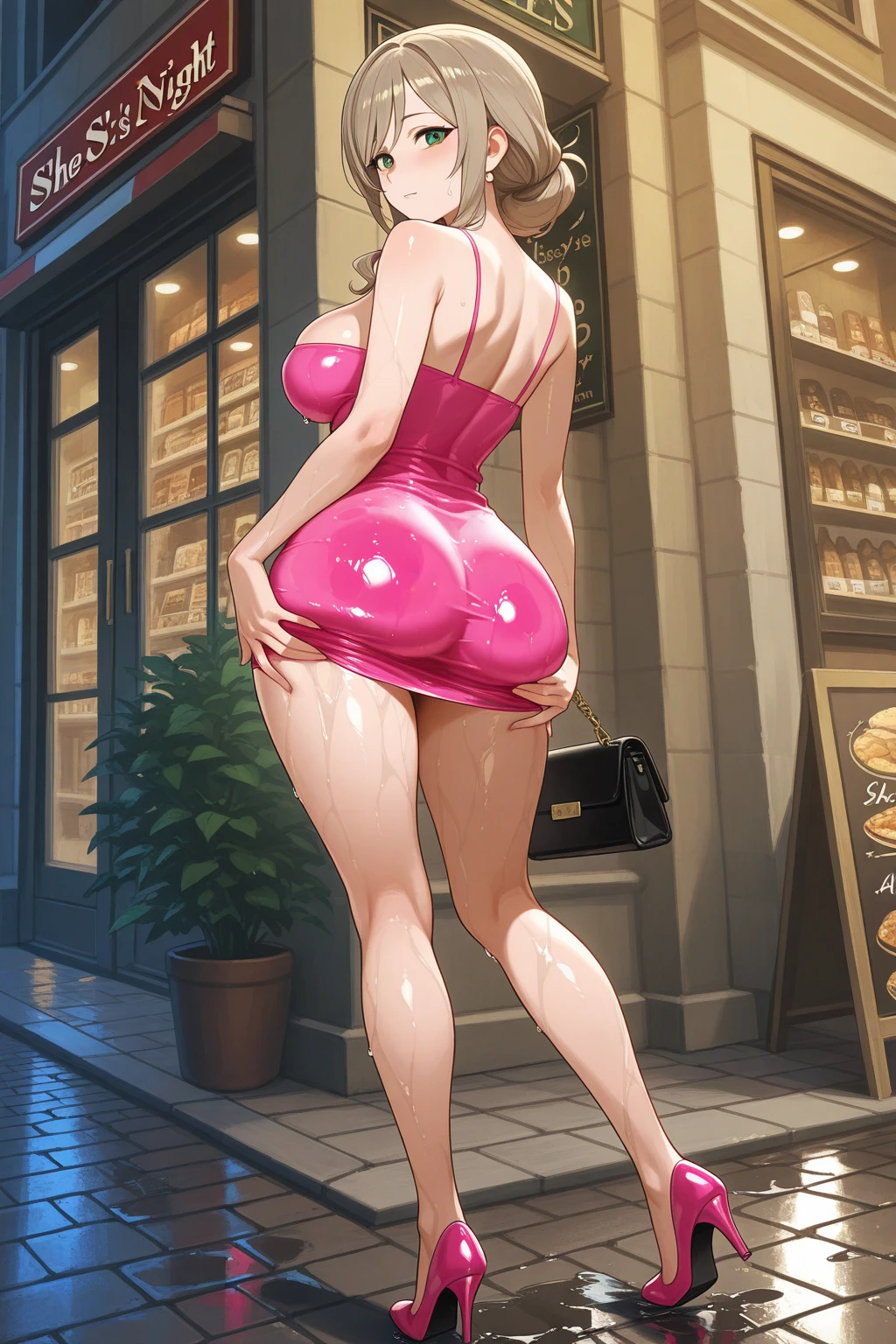 A woman in a pink bodysuit poses for a photo, blond hairbl，double-ponytail, thicc, huge tit, Plump crotch, toned shape, is wearing a shorts, shorter pants, tight costume, perfectly shaped    , toned derriere, wearing tight simple clothes, Stand on a dimly lit road.