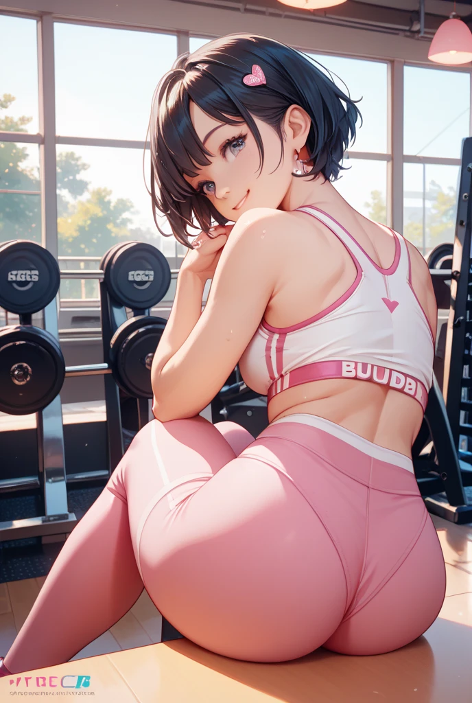 Gorgeous peach skinned woman with short brown hair, green eyes, white headphones, white hoodie, tight pink cheeky shorts, at the gym, wide hips