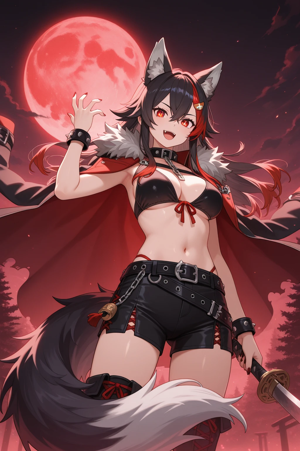 1girl, ryuko matoi , a beast girl, kill la kill, sharp claws, arms of black fur, honey badger costume, furry, claws, fur, large breasts, (ripped clothes), forest at night, masterpiece, black fur legs, white skin, short hair, white panties, white tank top, blue eyes, aggressive smile, thing, navel, big boobs, killing bites.
