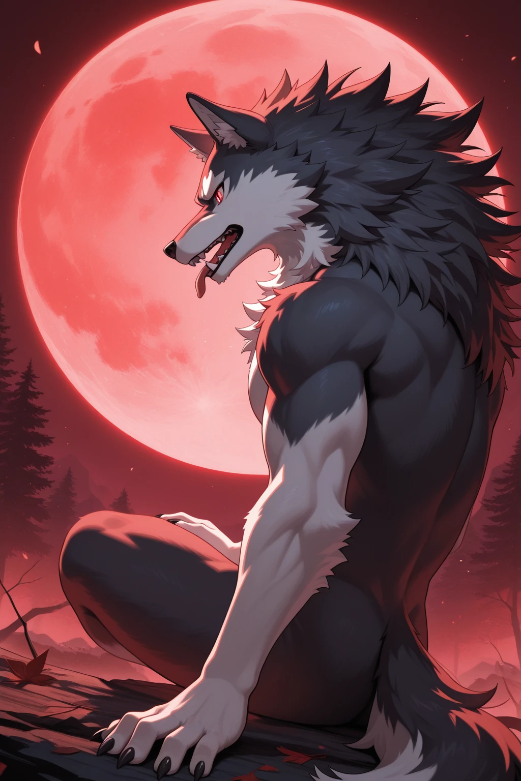 deathwolf, 1boy, solo, colored sclera, red eyes, furry, white fur, anthro, (frown:1.2), (angry:1.5), (opened wide eye:1.5), (looking forwards:1.5) , male, muscular, tall, muscular anthro, (sweat:1.4), muscular male, aged up, hi res, 8k hd, extreme detail, detailed background, dark cave, red sky, bright big moon, by Pino Daeni, (by ruaidri), by virtyalfobo, nude, erectile penis