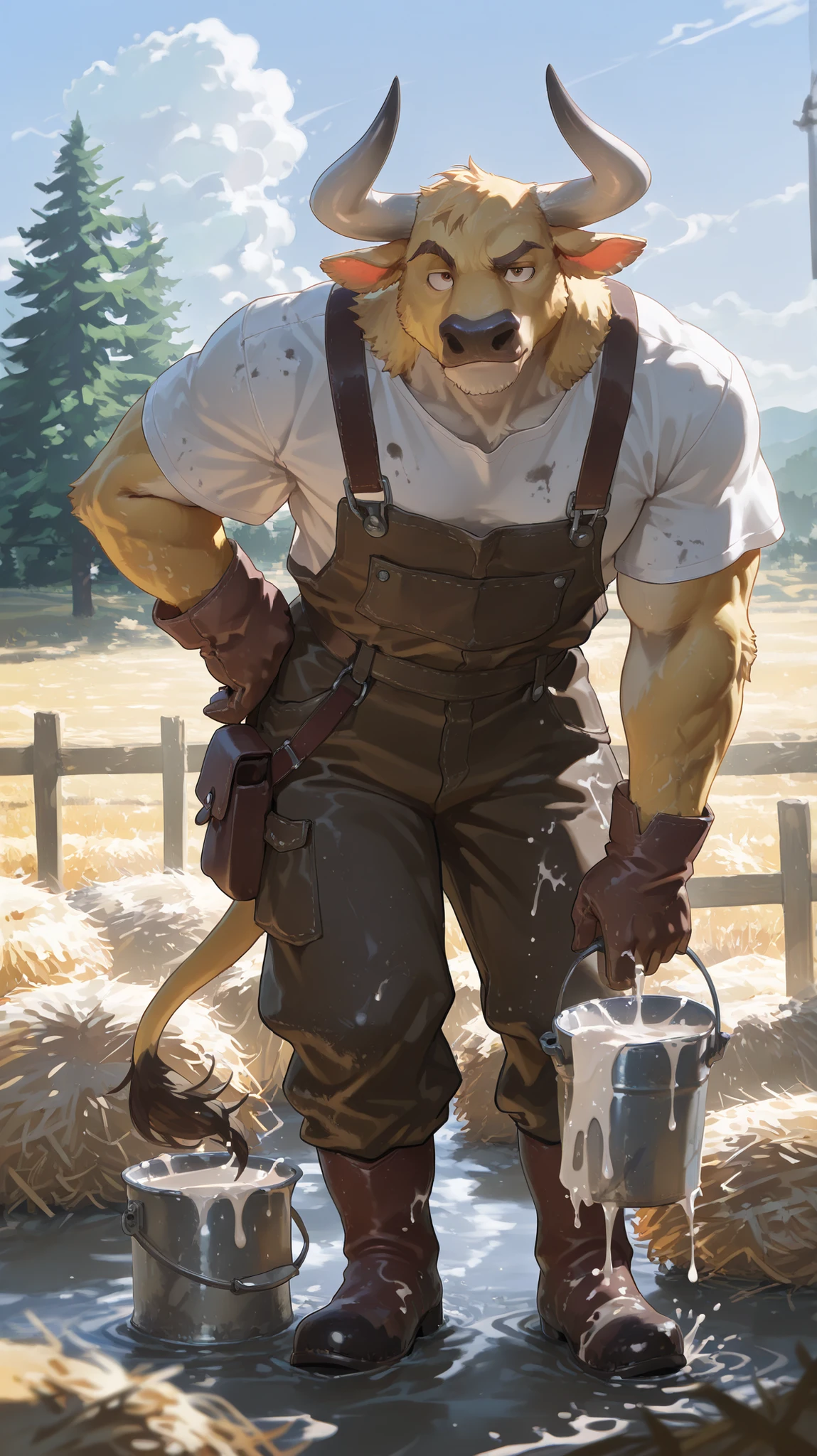 farm setting, (Rabbit, lagomorph), (muscular, barazoku), overalls, (happy), looking at viewer, light particles, flowers, barn, dynamic pose, flex,
BREAK
(by Kenket),  (Sharp focus, masterpiece, 8k, intricate artwork, hyper detailed, high detail),