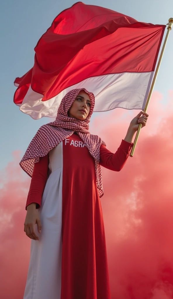 Beautiful indo women, hijab, red long t-shirt and long pants blue jeans,holding a white and red flag, and wall in the back with text "INDONESIA MERDEKA"79" and showing it to the viewer