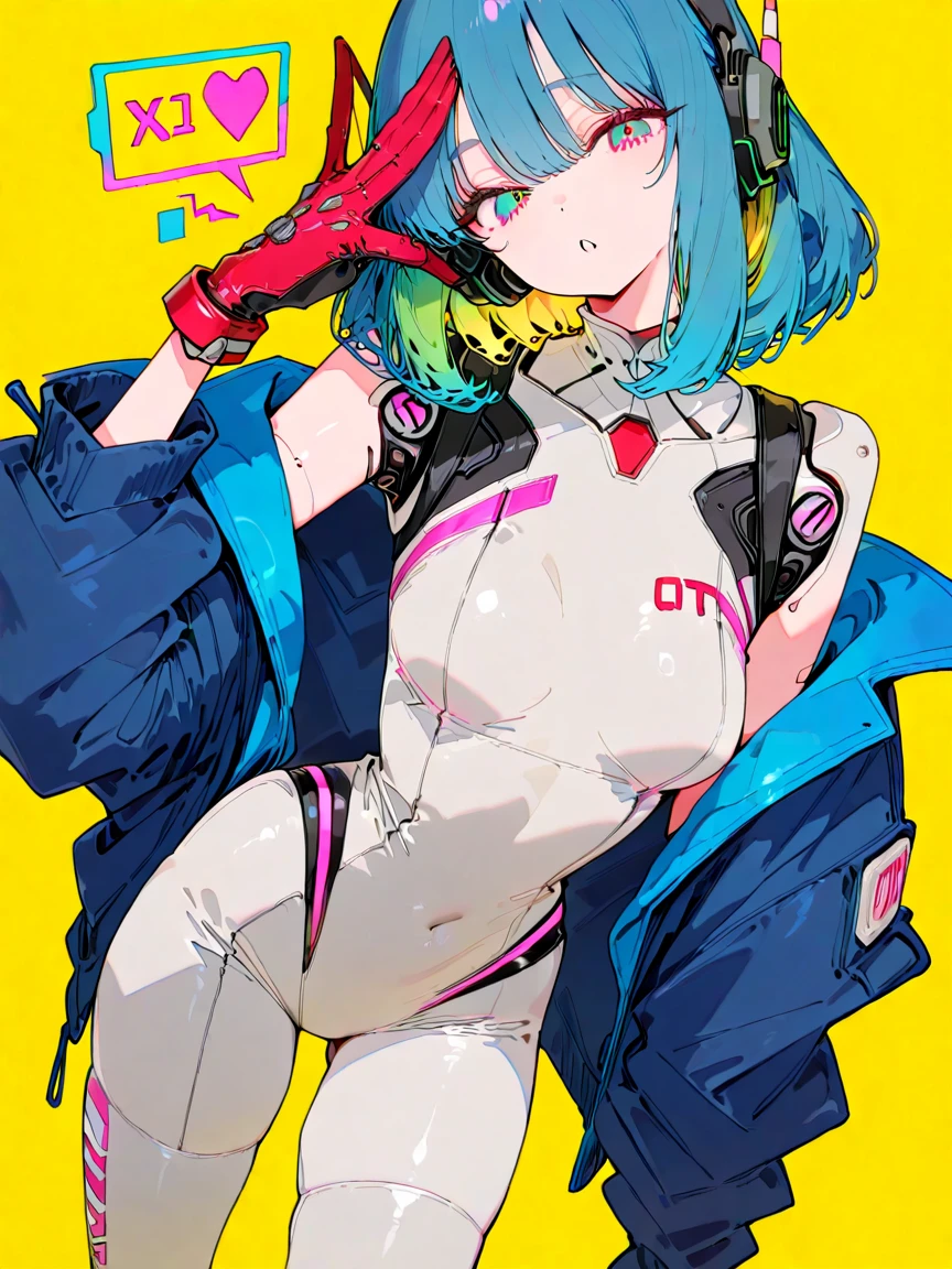 ((mika pikazo style)), colorful eyes, masterpiece, solo, 1 girl, topless, large nipples, nipples, black shorts, beautiful art, vibrant, colorful, medium breasts, multicolored hair, cat ear headphones, full bangs, teen, body, narrow waist, slender legs, hairband, choker, smiling, peace sign, spats, navel, thigh strap, abstract, paint splash, light hair, tongue out, long tongue, short hair, hair ornaments, paint on body, waist pouch, yellow eyes, star sticker on face