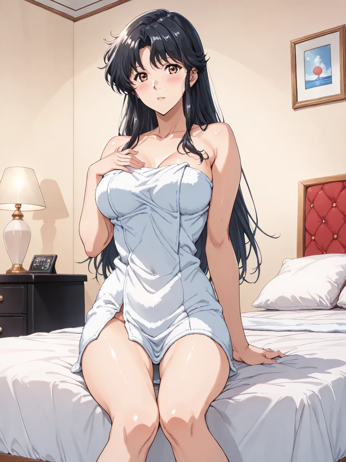 1girl, bangs, black hair,solo, blush, looking at the viewer, seducing viewer, sexy pose, cute, bedroom, night, lamp, light off, white bra, breast, medium breast, white panties, masterpiece, perfect anatomy