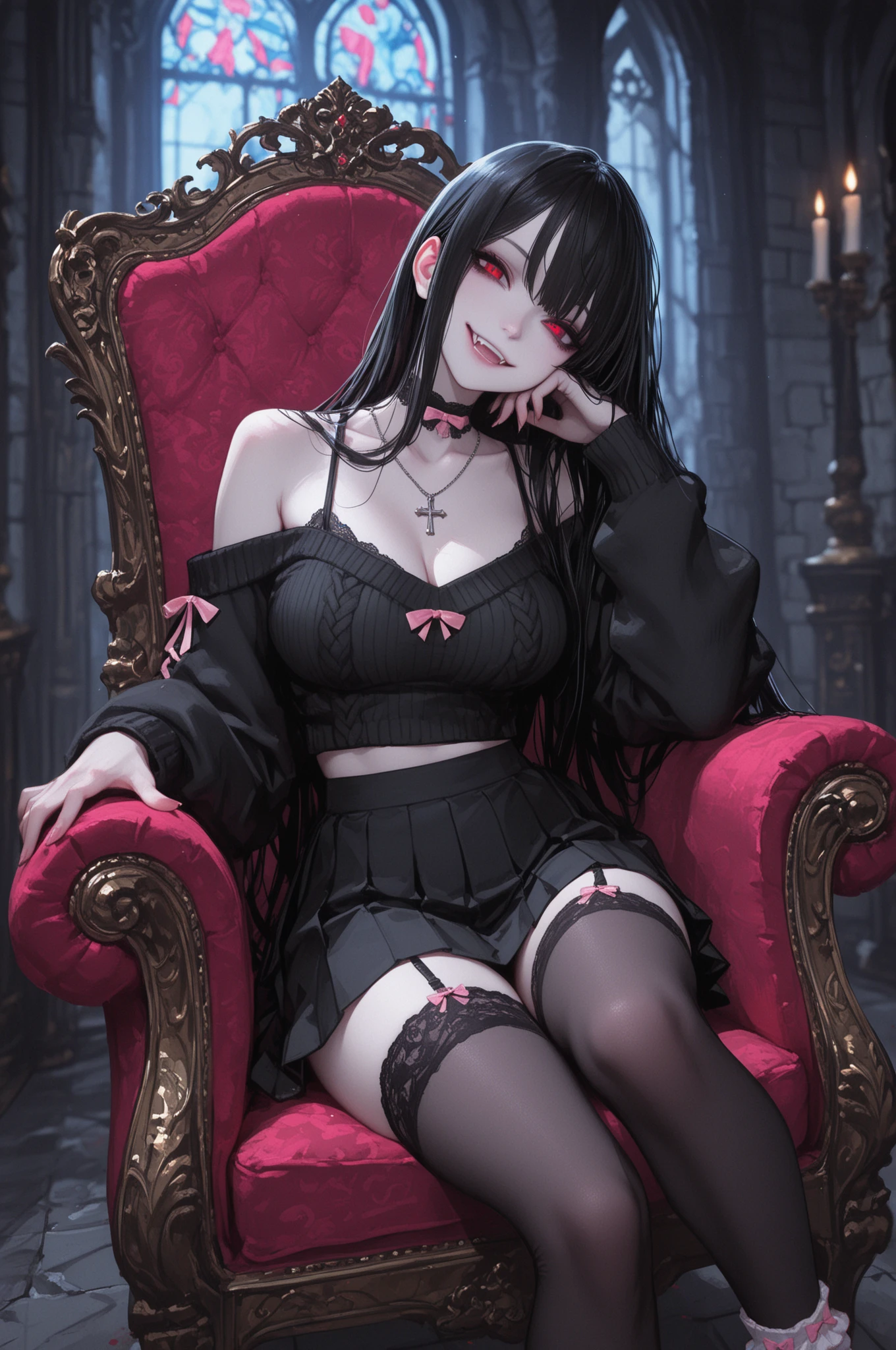 ((True best masterpiece, Ultimately perfect quality, Extremely delicate details)), ((Vampire, Evil, Nightmare, Insanity, Crazy, Horror)), ((In the darkness, Midnight, Gloom)), A vampire girl, With black hair, With glowing red eyes, With flat bust, Wearing a pants, Sitting on the throne, King, Queen, Lord, Noble, Loyalty, Arrogant, Blue concept