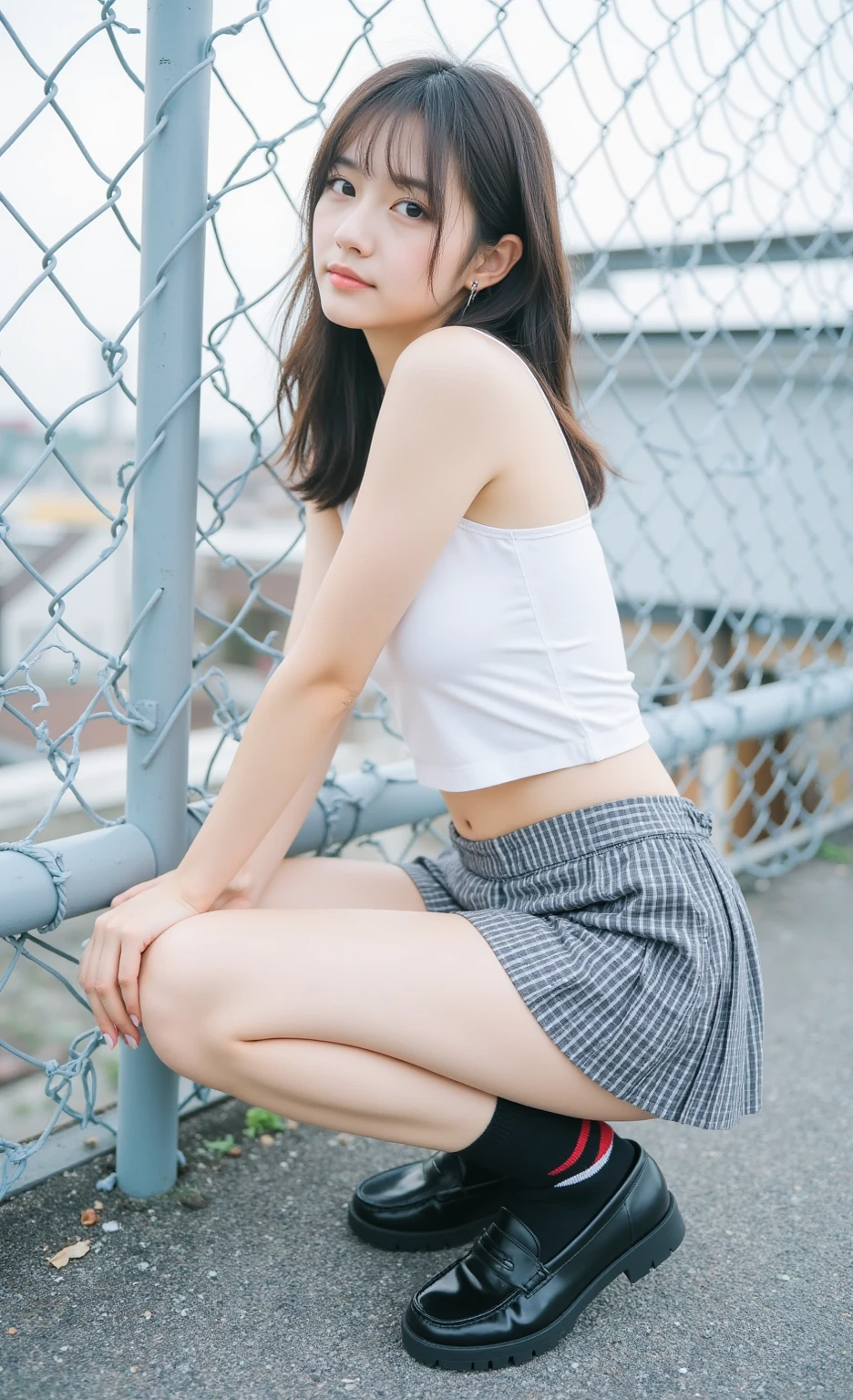 18 years old, legs spread, from below, from the ground, camisole, pleated skirt, underwear pattern, peeking,