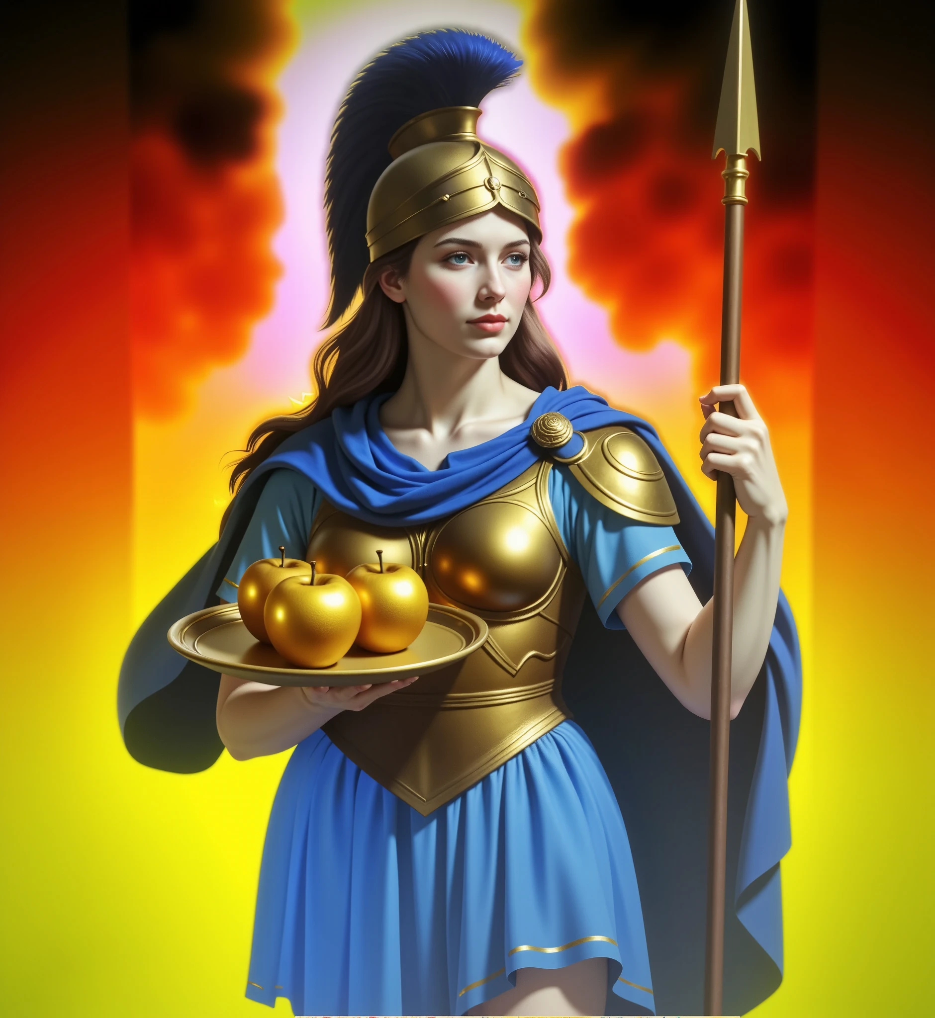 The Greek goddess, standing in three-quarter view, surrounded by a radiant golden-yellow aura. She has light brown hair partially visible beneath a golden helmet adorned with a blue plume. Her skin is fair, with rosy cheeks, and she wears a golden cuirass over a flowing blue garment. She holds a tall spear in one hand and a golden tray with three golden apples in the other. The background features warm golden tones radiating from a yellow halo. The artwork is detailed, rich in color and symbolism.