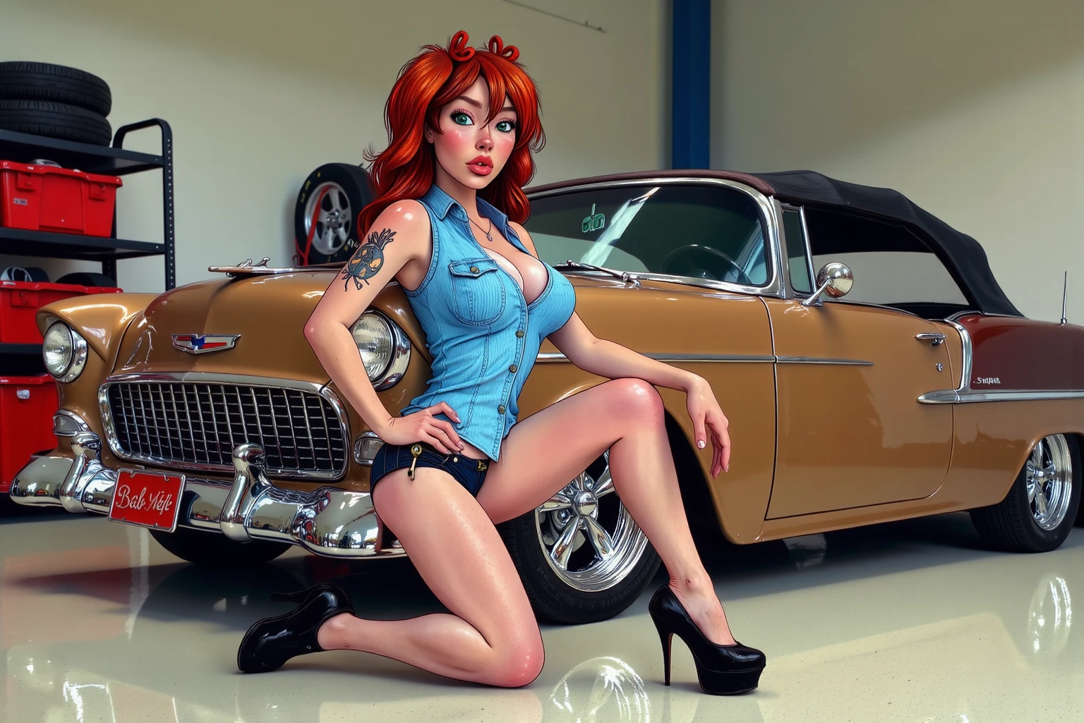 Ariana Grande, retro artstyle, ponytail, beautiful_face, detailed_face, 50s, 50s, pin-up, sexy, leaning on a ford_mustang, full_body, comic style