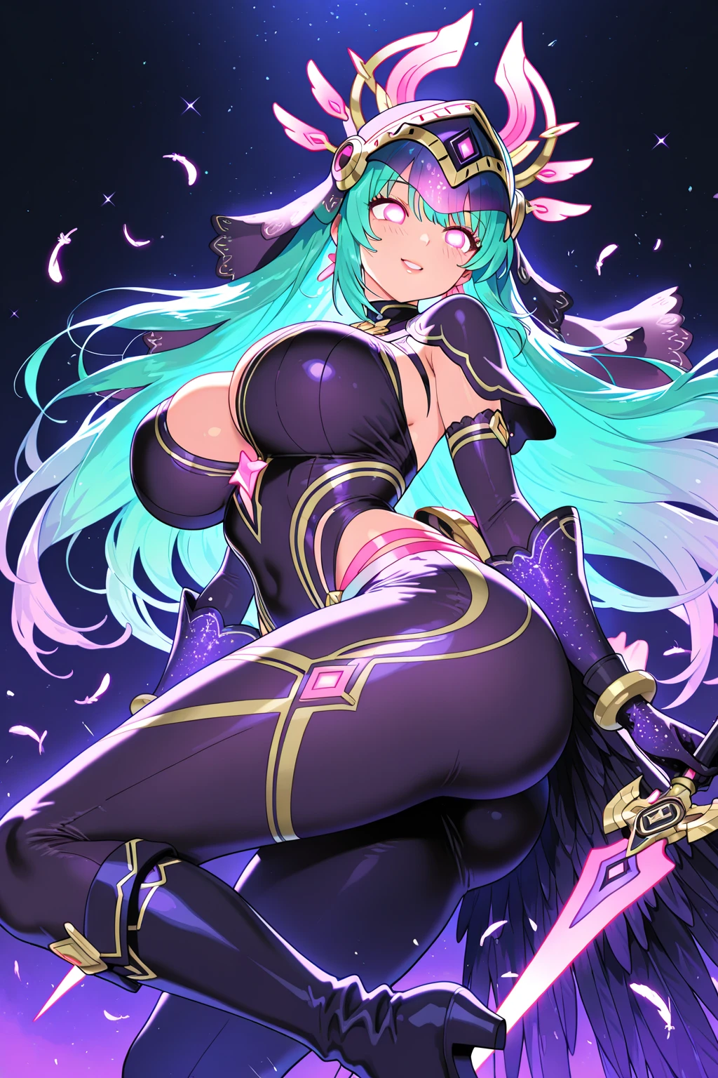 highest quality Highest quality Draw a face carefully High-definition anime-style face Super Glowing Skin Black leotard Bat-print purple pantyhose Succubus lure smile Rear view Back view Morrigan Aensland