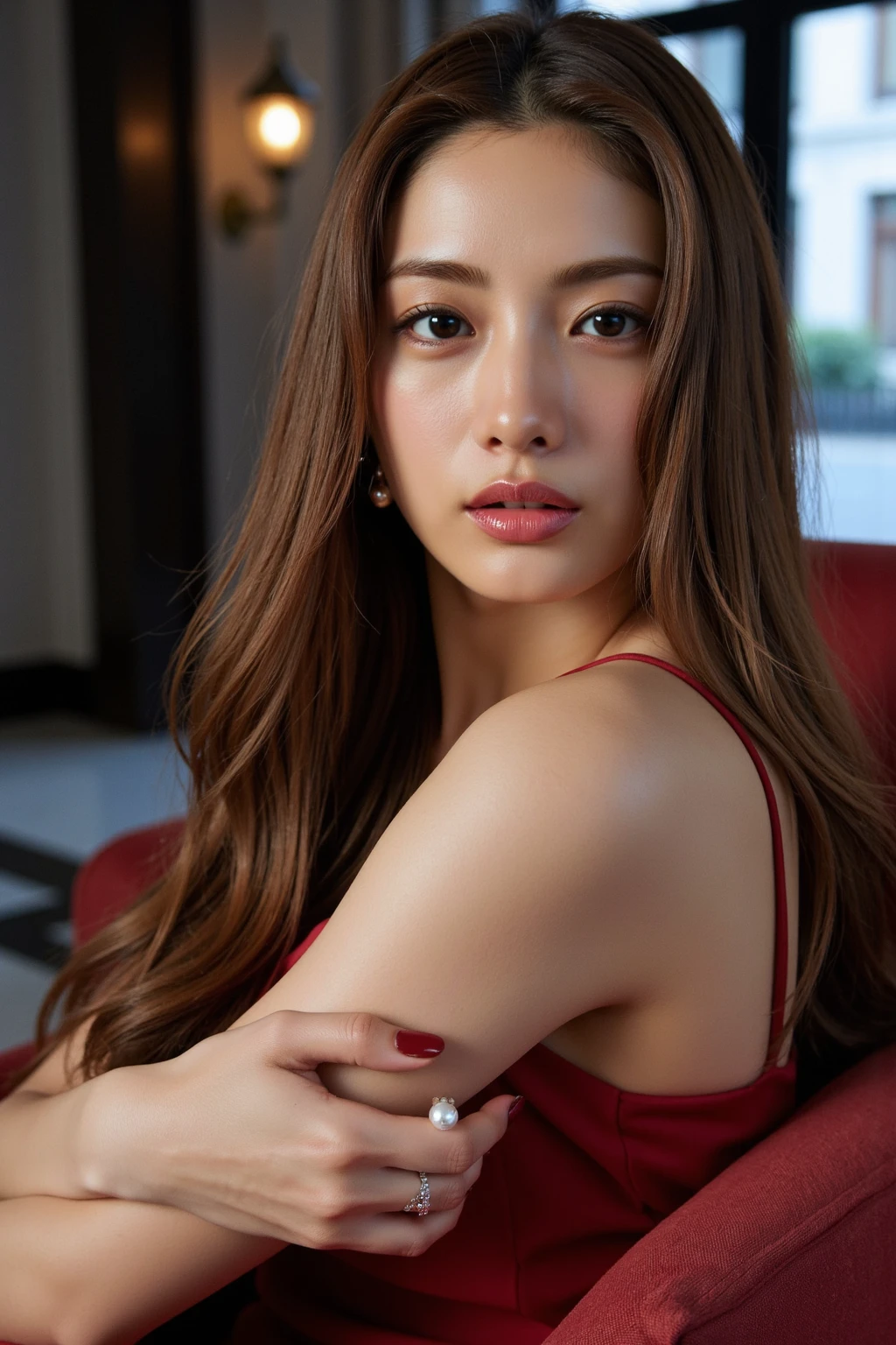 (one piece, Floral, Red Satin Fabric:1.4),

((I want to kiss you？, I want to touch my breasts？, I want to cheat with you？:1.2)),
((Do you like beautiful women?？:1.2)),

((Sexy atmosphere, hold out your lips, A sigh escapes, Disheveled Hair)),

((High-class girls bar, She sat on the sofa in the store.、Take a seductive pose., Start taking off your clothes, No bra, I can see your beautiful thighs:1.5)),

((highest quality, 8k, masterpiece: 1.3)), Perfect body beauty: 1.4, (Breast A cup:1.2), Small breasts, Round shaped breasts, Perfectly shaped breasts, Highly detailed face, Beautiful woman, (Dark brown shortcuts), Slim face, Highly detailed face and skin texture, Highly detailed lips, (Realistic:1.4),

((Age 25, Sexy and beautiful female staff:1.5)),
((Earrings that match your outfit, Silver Necklace:1.2)), 

((Look up a little)),  
((Squint your eyes)), 
((purse your lips:1.2)),
((Blushing:1.2)),
((Small breasts,Flat Chest:1.2)),

Narrow shoulders, Long, slender legs, Thin waist, 
Ultra-detailed skin, Glossy Skin, Ultra detailed face, Ultra detailed breasts, 
Ultra-detailed eyes, Slit eyes, Brown eyes, double eyelid, Beautiful thin eyebrows, Thin, long eyelashes, 
Ultra-detailed lips, Fuller lips, Glossy pink lips, Flushed Cheeks, White teeth, 
Beautiful actress&#39;s languid make-up, Pink lipstick, Smoky eyeshadow, Eye foundation, 
Dark Brown Hair, Delicate and soft hair, Hair blowing in the wind, 
(Elegantly putting your hair up, Medium Short Hair, ponytail:1.2), 
