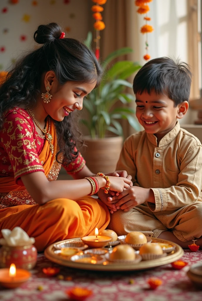 Sister ties a Rakhi on her brother's wrist and celebrate Happy Rakshabandhan. Mention the name is Dinanath Sony on boy's shirt and Chandani on girl's saree. Age of girl is 30 and age of boy is 25 .