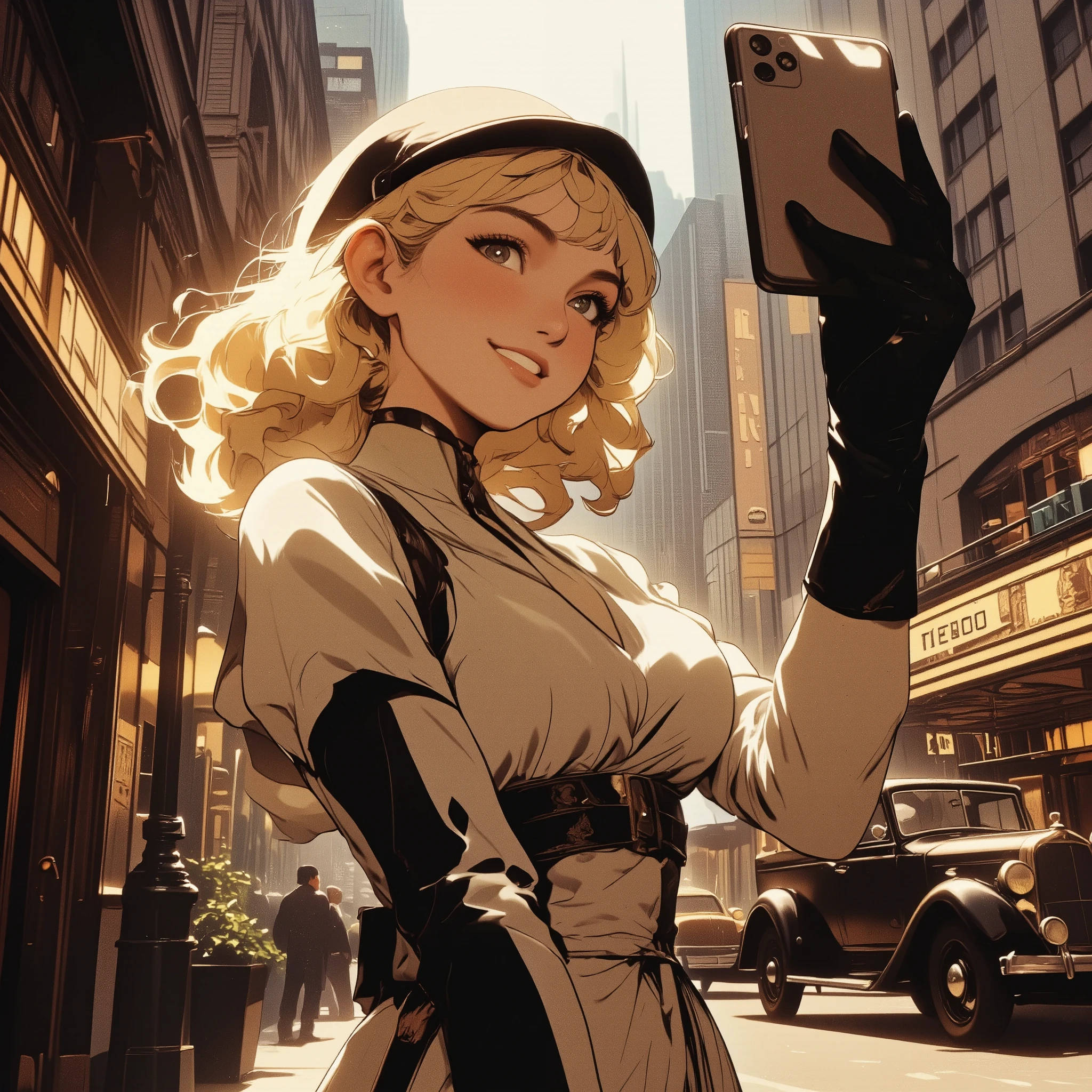 1930s, full colored picture, smiling elegant pinup girl in silk bias-cut midi dress, soft finger waves hairstyle, delicate geometric Art Deco patterns, long gloves and cloche hat,
posing on an Art Deco city street with vintage automobiles and theater marquees, soft diffused lighting, slight sepia tone, taking selfie with smartphone.