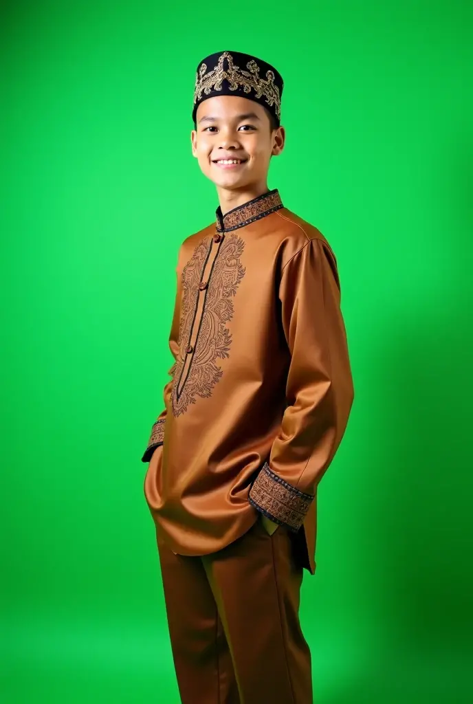 Create a caricature 4D hyperrealistic full body with a big head, A boy, 7 year old , oval face, smiling, curly hair, wearing traditional Central Javanese clothes, sitting on a chair, both thumbs towards the camera, masterpiece, UHD, photo studio lighting