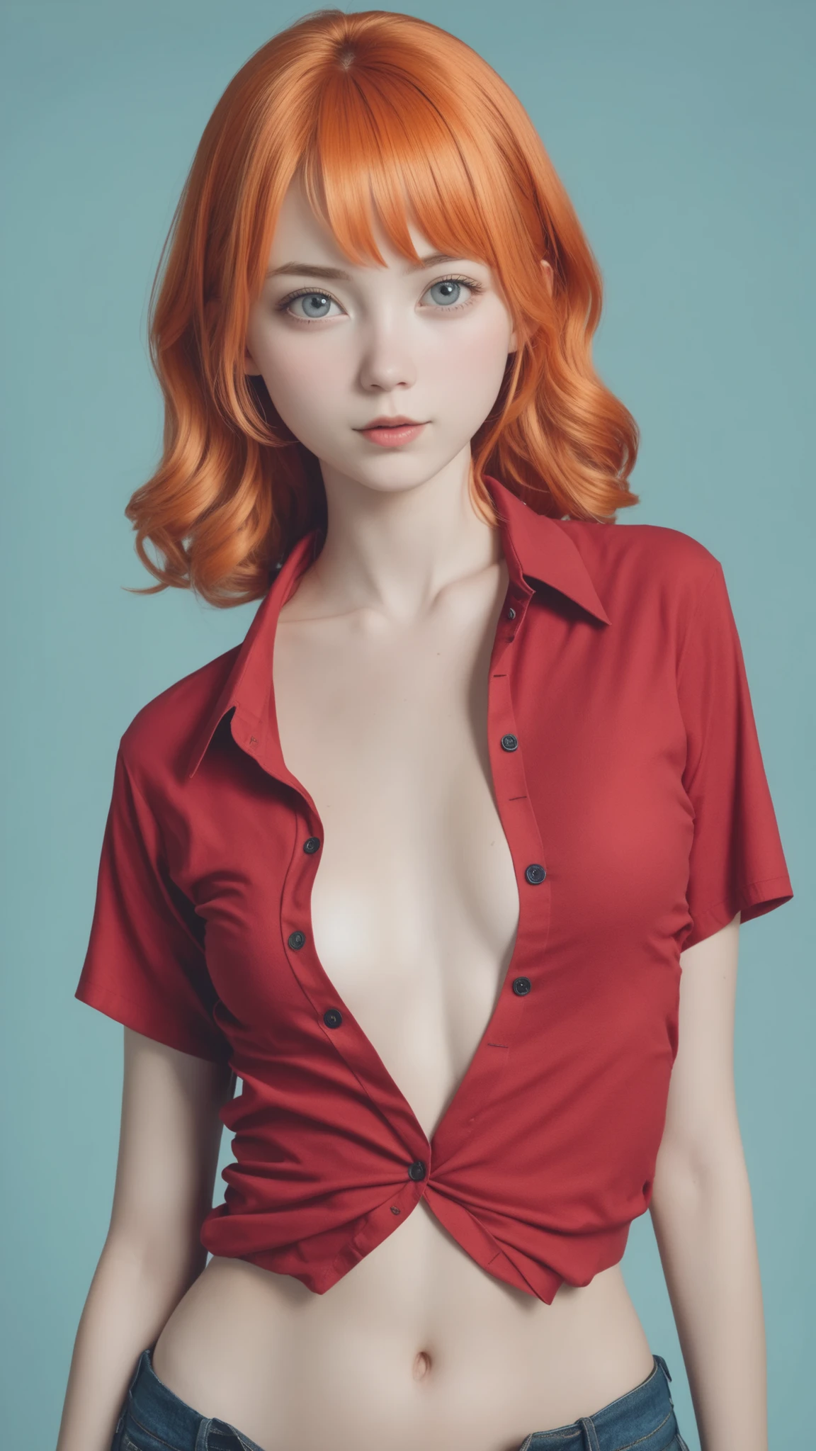 young Caucasian woman (((redhead))), (((eyes light grey))), thin face, full lips, red lipstick, soft makeup, large big breasts, medium hair, seductive smile, wearing a transparent lgbt mini shirt, 