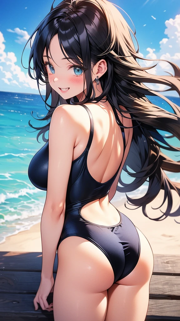 Beautiful Woman , back shot,Height 170cm、Beautiful hair flutters in the wind、So that your hair will flow beautifully and strongly、strong、、Bust 120cm、Big Breasts、美しいお尻、大きなお尻、
　Beautiful bodystocking  underwear,(( sexy  bikini,swim wear))   Beautifully decorated swimsuit、strong wind、blue sky、、Ocean、swim wear, Beautiful thighs、Beautiful Skin、detailed groin、intense、Armament、Soldier、laser weapon、future world、Science fiction movies、Fight、intense、action、My hair flutters in the wind、My hair spreads in the wind、beautifully！
　Light　黒Brown Hair　A friendly smile　、magic Masterpiece Night　Magic sexy, extremely beautiful 22歳　Big Breasts Beautiful Eyeagical gentle lighting    cowboy shot  ,Beautiful decoration、Imprisoned、Detained、Science fiction movies、hard boiled 