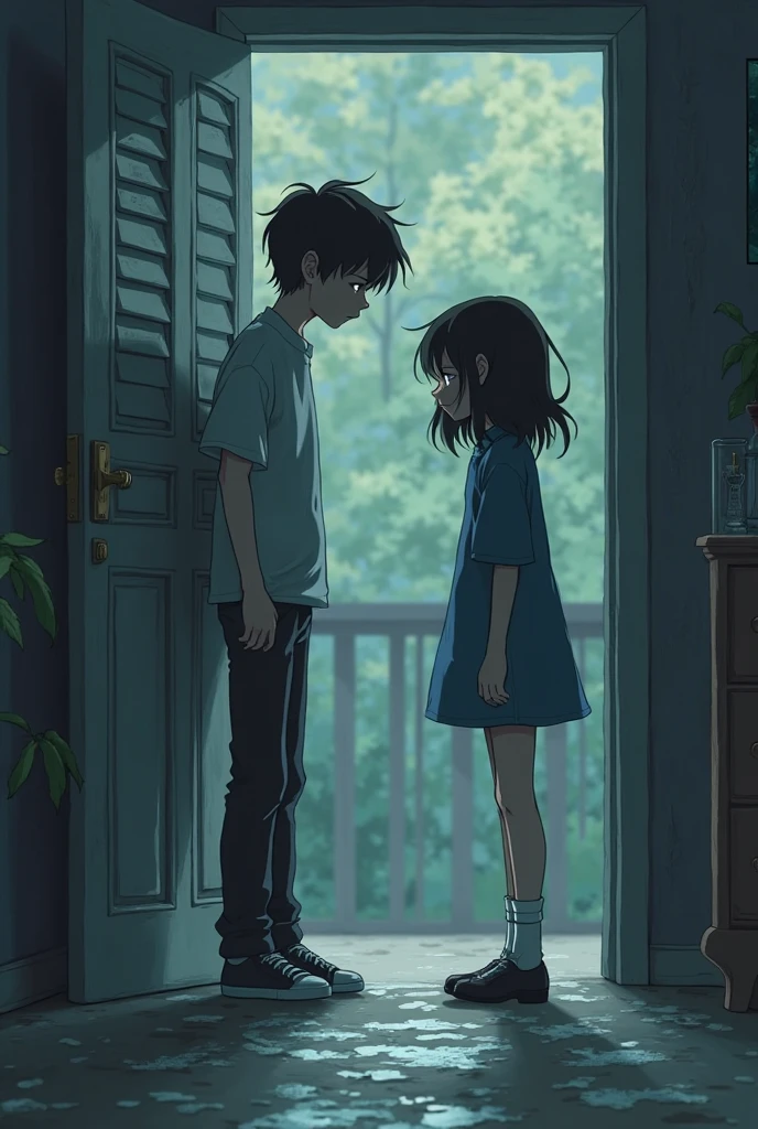 "Draw an anime scene with a boy standing by a window, gazing outside with a frustrated expression. His sister is behind him, leaning against the doorframe with a mischievous or apologetic smile. The background should be a simple room interior, highlighting the contrast between the boy's frustration and his sister's playful demeanor."