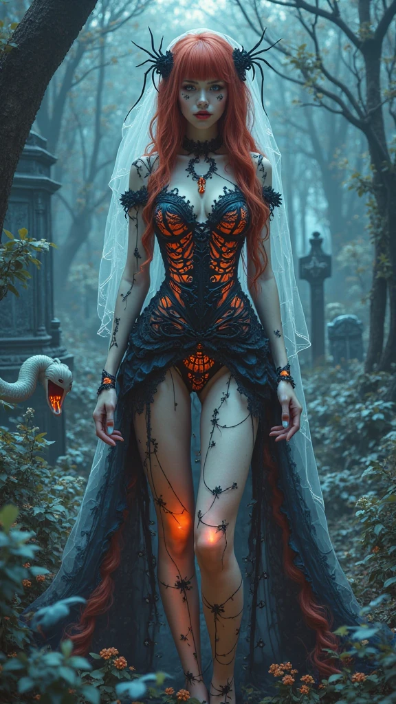 highly detailed, 16th century 20 year old succubus, wearing transparent lace dress with cobweb design, busty, red hair, standing in an abonded cave full of spiders, sunset centered on the face, face focused, intricate eyes, lana del rey face