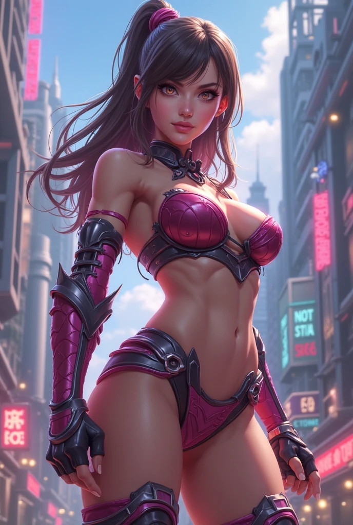girl spacepunk,(((1girl))),((cute and beautiful black haired girl)),
(large breasts:1.4),saggy breasts,(((black wavy hair:1.35,absurdly long unkempt hair,messy hair,colored inner hair,ear breathing))),((purple eyes:1.3,upturned eyes:1.3,perfect eyes,beautiful detailed eyes,rainbow glows ultra-detailed deep pink purple eyes:1.1,gradient eyes:1,finely detailed beautiful eyes:1,symmetrical eyes:1,big highlight on eyes:1.2,vibrant color eyes:1.5)),((fat)),(((lustrous skin:1.5,bright skin: 1.5,skin tanned,shiny skin,very shiny skin,shiny body,plastic glitter skin,exaggerated shiny skin,illuminated skin,wet legs))),(spider lower abdomen,narrow waist,wide hip,athletic body,inflated legs,delicate detailed fingers,detailed body,human hands,(detailed face)),
cute,slutty,erotic,(((nsfw))),
zettai ryouiki,revealing clothing,show skin,(wearing a mechanical space body armor:1.3,micro bikini,bare legs),with micro clothes,almost totally naked,with little clothing,tiny thong,generous neckline,((wet clothes,detailed outfit,detailed clothes)),
dynamic pose:1.0,embarrassed,(centered,scale to fit dimensions,Rule of thirds),
cyberpunk city by the ocean at night, with bright neon signs and dark stormy clouds and puddles,
High resolution, sharp focus, (ultra detailed, extremely detailed), (photorealistic artwork:1.37), 8k wallpaper,((synthwave background theme)),((vibrant colors)),(intricate),masterpiece,(best quality),