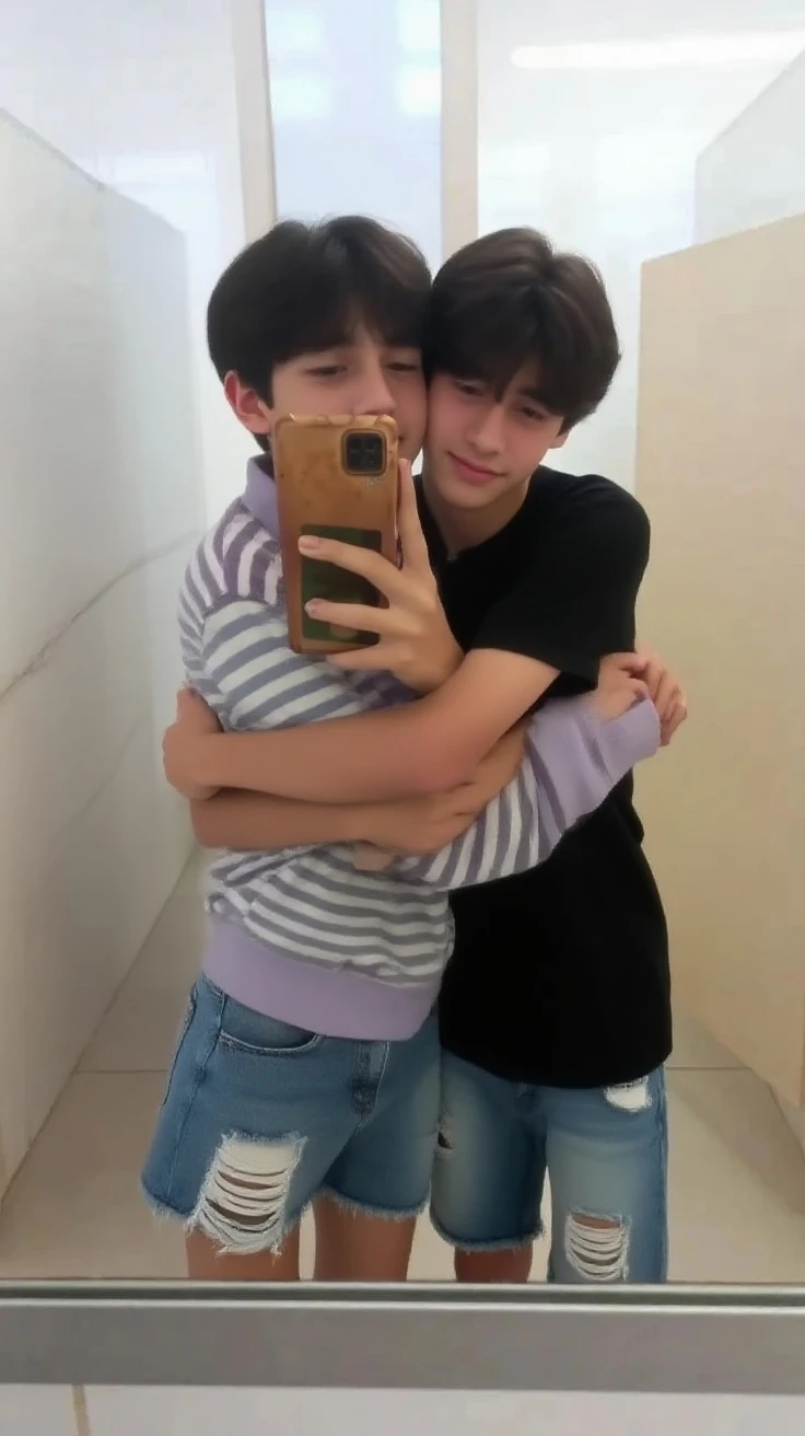 there are two men standing in a bathroom taking a selfie, gay, cute boys, vibrant aesthetic, by Nándor Katona, two young men, 😭🤮 💔, they are in love, curly and short top hair, boys, twink, kissing together cutely, tumblr, highly aesthetic, twins, very aesthetic!!!!!!, curls on top of his head