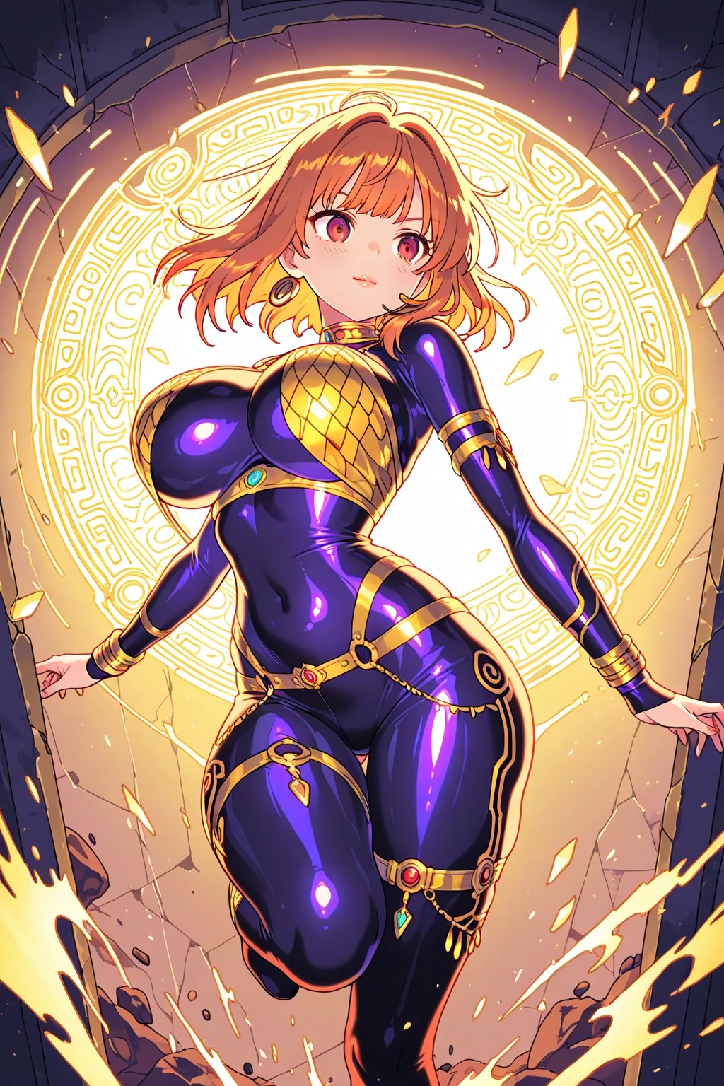 best quality,solo,Milk, BIG ASS, very curvy, Walnut Brown Eyes, Full lips, Tempting, Thick thighs, Curvy physique,Night,Highest image quality,Outstanding details,Ultra-high resolution,4K image, assembly, best quality, masterpiece, movie lighting ,action,In battle,light beam from hand,Golden lightning surrounds,Green eyes,Lipstick,Gold Armor,Amot hardware has cracks,Sweat,Anger,Red hair,wavy long hairstyle,cleavage