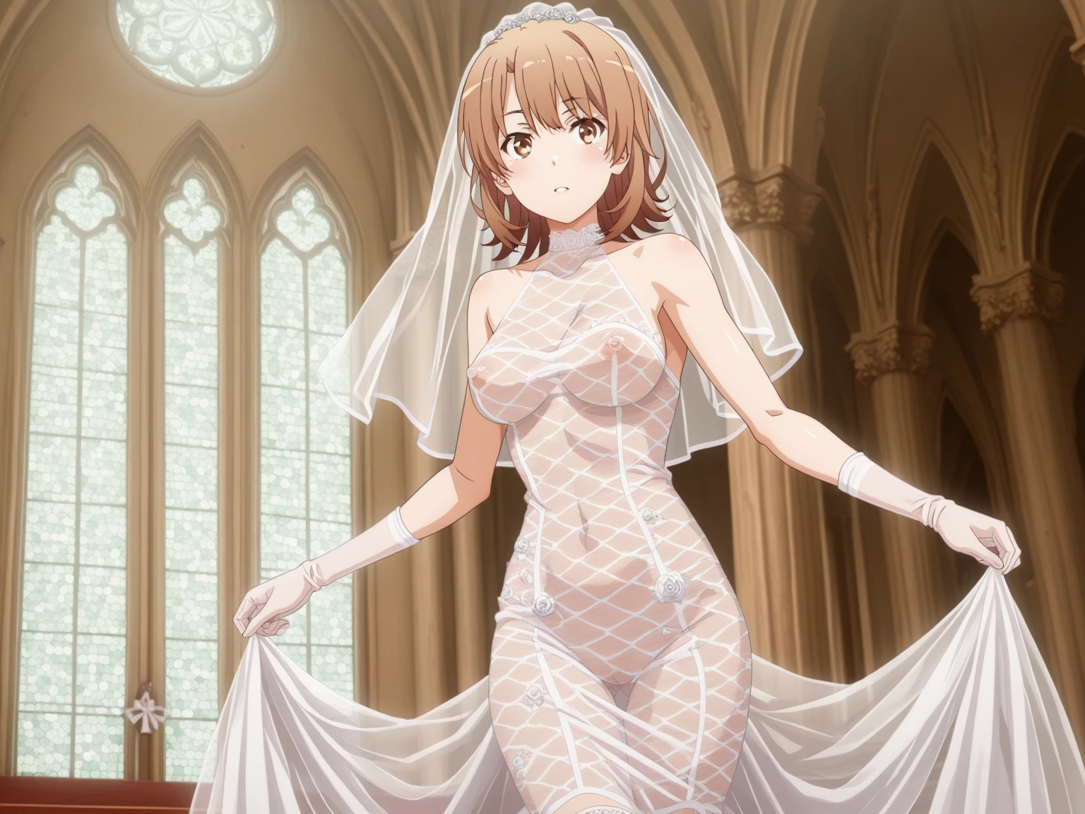 1girl, aaichika, tiara, bridal veil, necklace, cleavage, wedding dress, strapless dress, white dress, white gloves, elbow gloves, from below, skirt lift, white panties and sexy stockings, bare legs,, masterpiece, best quality, highly detailed, short brown hair, brown eyes, erotic, nsfw