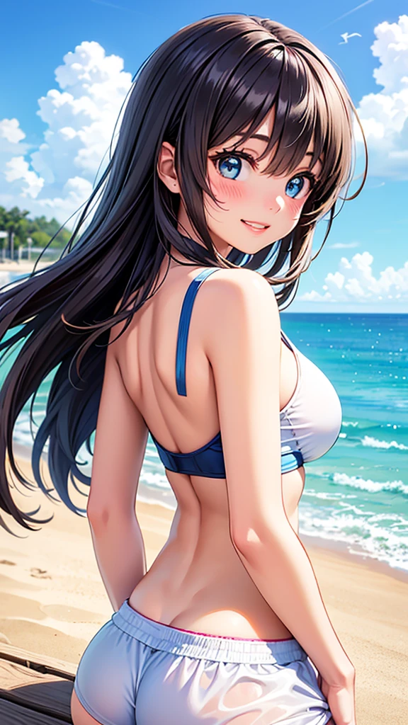 (best quality, ultra-detailed, photorealistic: 1.39), bright and vibrant colors, studio lighting, romantic expression, An effeminate girl, with a delicate and beautiful face. She is a girl who reflects seductive beauty, sparkling eyes, A beautiful adult woman beautiful and voluminous curly black hair, hair clip, crying a seductive 2 woman with big breasts seduces, with her large breasts seduces, beautiful and sensual swimsuit style bikini, in a pose sensual back with an insinuating smile, wanting attention, with her blue eyes, in a beautiful pose demonstrating her seduction on a beautiful beach with a beach house completing the romantic setting on a beautiful full moon night, night with soft lighting, anime style, like a manwha character