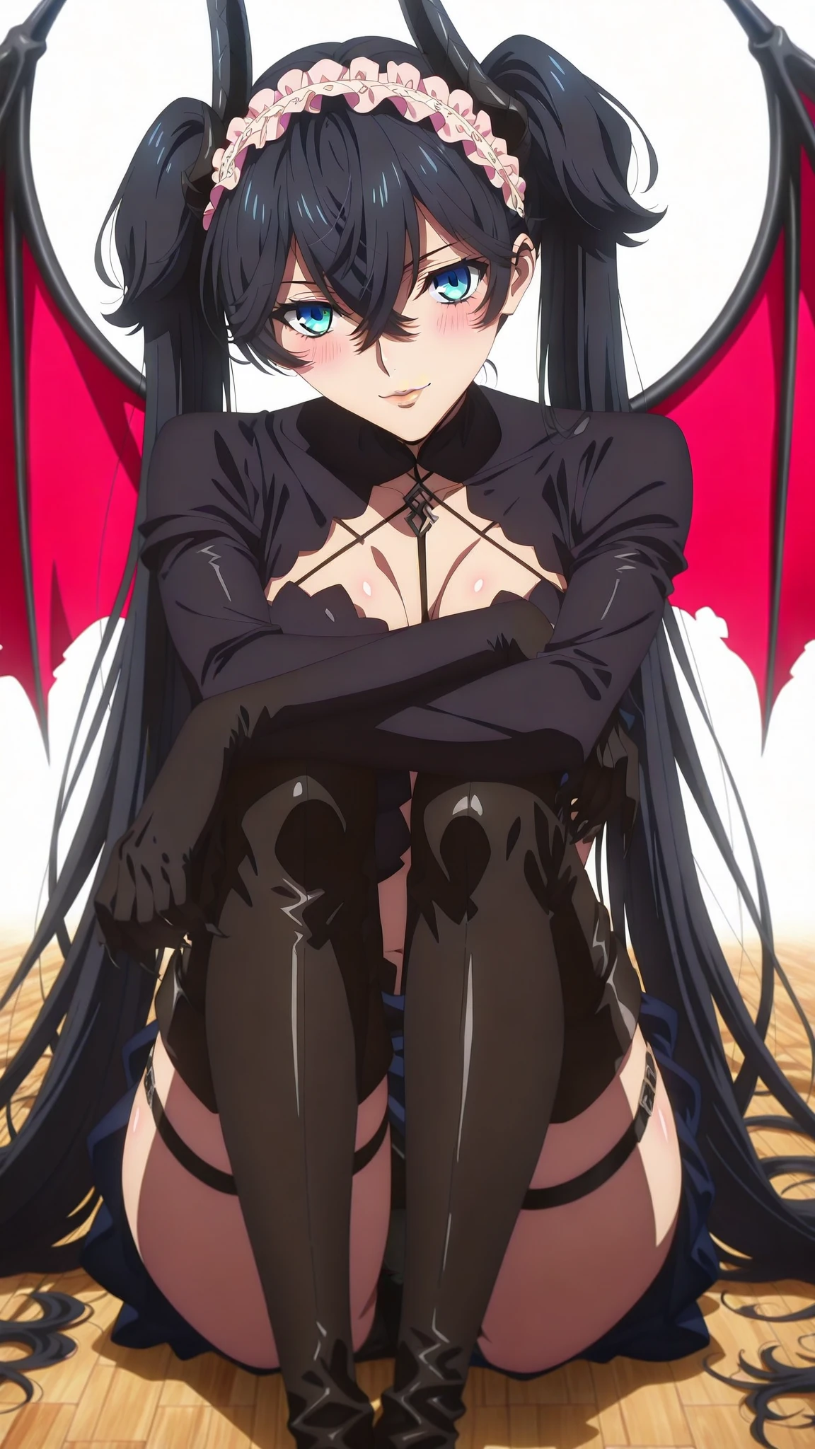 Scathach, hat cape, smile, yellow eyes, white skin, black cape, shin megami tensei, gloves, black bra, black socks, sitting on the bed, bedroom, best quality, masterpiece