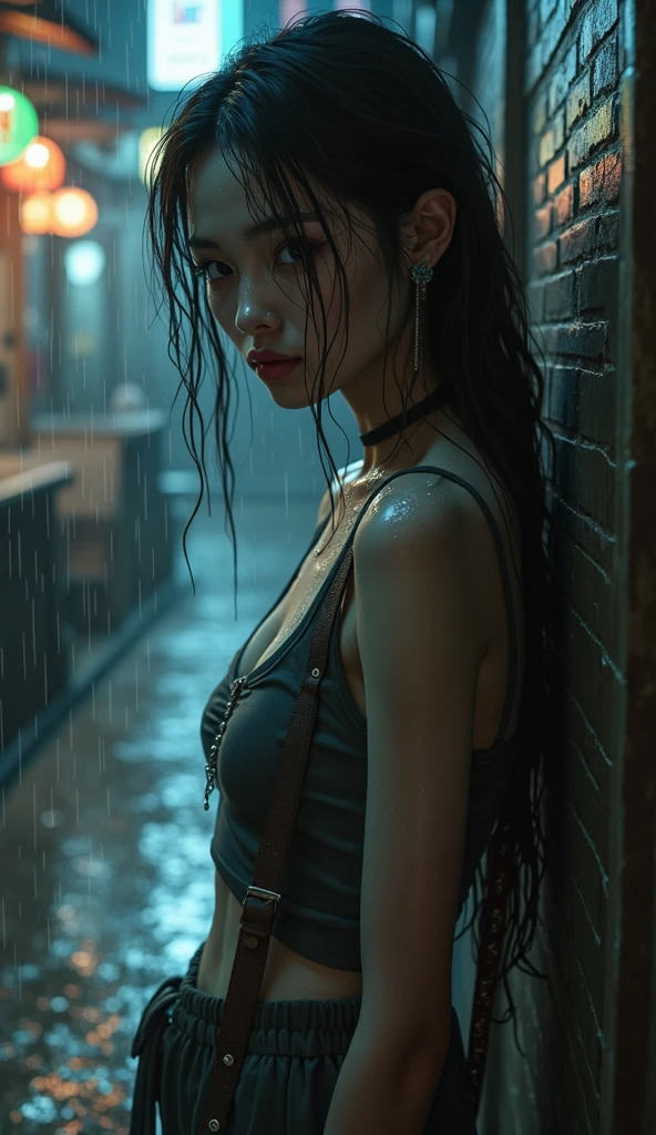 Best picture quality, masterpiece, ultra high resolution, (fidelity :1.4), photo, 1 girl, [(sadness)], white shirt, Dim, dark, desperate, pitying, pitiful, cinematic, tear, teardrop, (Torn clothes:1.5), (Wet clothes:1.4), bare shoulders, Real rain, wet hair, large breasts, cleavage, slim waist, long wavy hair,