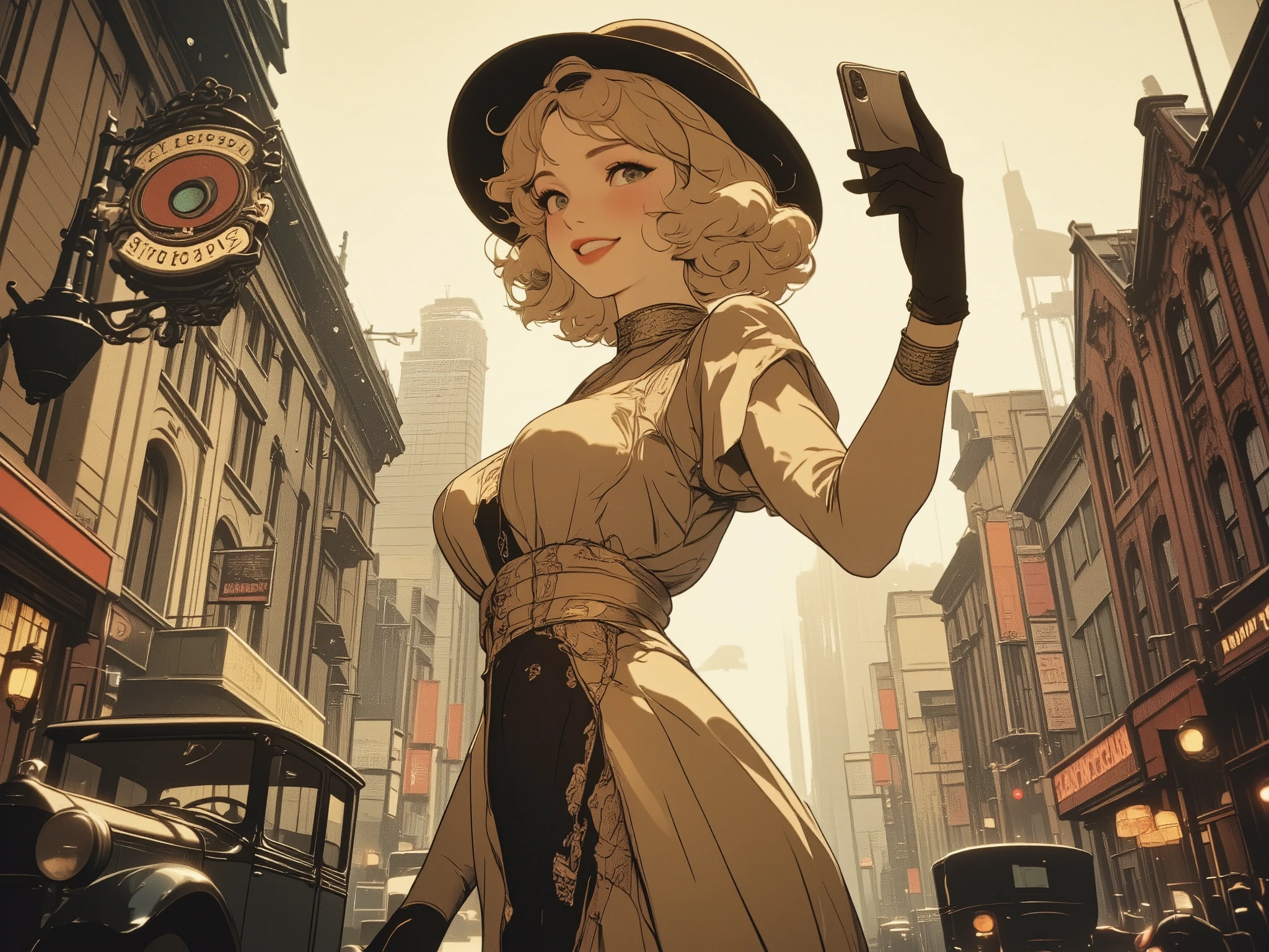 1930s, full colored picture, smiling elegant pinup girl in silk bias-cut midi dress, soft finger waves hairstyle, delicate geometric Art nouveau patterns, long gloves and cloche hat,
posing on an Art nouveau city hometown with vintage automobiles and signs, soft diffused lighting, slight sepia tone, taking selfie with smartphone. clouded sky, rain,