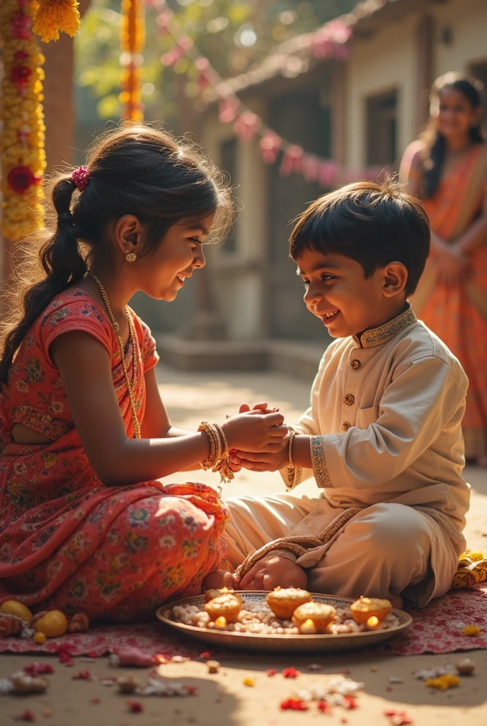 Rakshabandhan fastival, A beautiful Indian girl wearing saree carring pooja plate binding raksha band on her brother's right hand, a hindu boy sitting along with her and eating sweet, so many gift sweets and blessings sitting together on floor