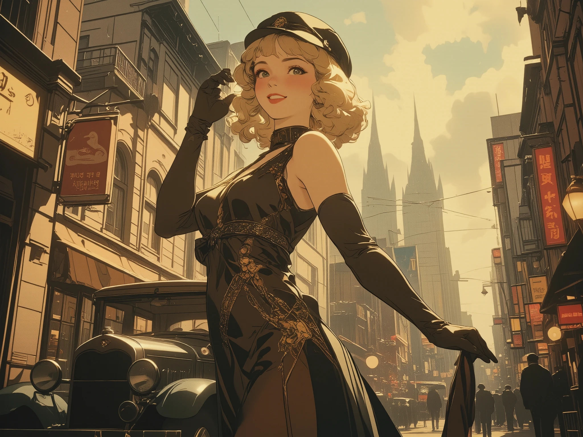 1930s, full colored picture, smiling elegant pinup girl in silk bias-cut midi dress, soft finger waves hairstyle, delicate geometric Art nouveau patterns, long gloves and cloche hat,
eccentric posing on an Art nouveau city hometown with vintage automobiles and signs, soft diffused lighting, slight sepia tone, clouded sky, rain,
