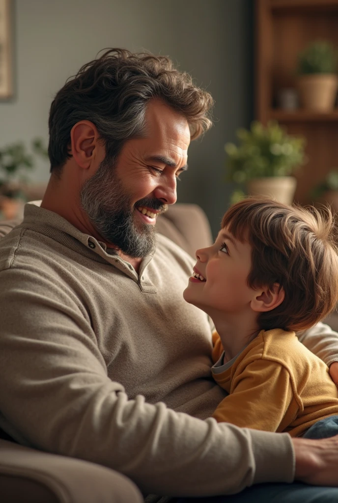 (Photorealism:1.1) blonde blue eyed child hugging her father dark brown hair and brown eyes in the living room in home 8k ultra realistic super detailed
