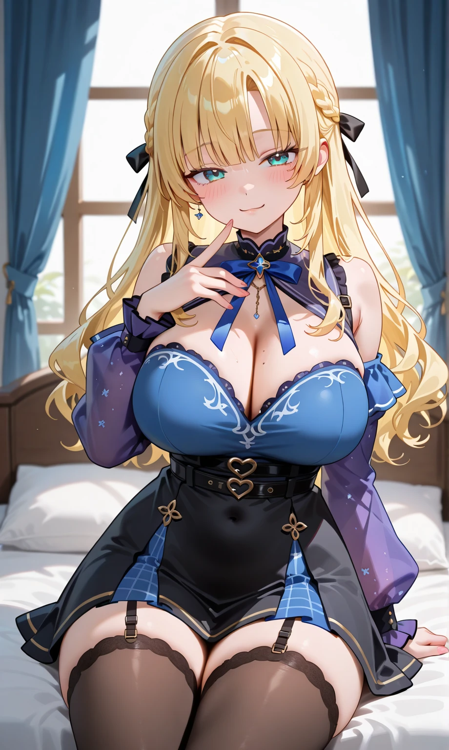 debris flies, highest quality, Highly detailed CG Unity 8K wallpaper, sexy witch , long dark blonde wavy hair、off shoulder knit, dark blue pleated skirt, stockings、medium breasts, , Pose that emphasizes the chest, blush, shy smile, bare shoulders, (pink lace panties、open your legs wide、please open your knees、straddle the pillow、look up and open your mouth、close ~ eye)、、luxury magic wand and book、church bed、