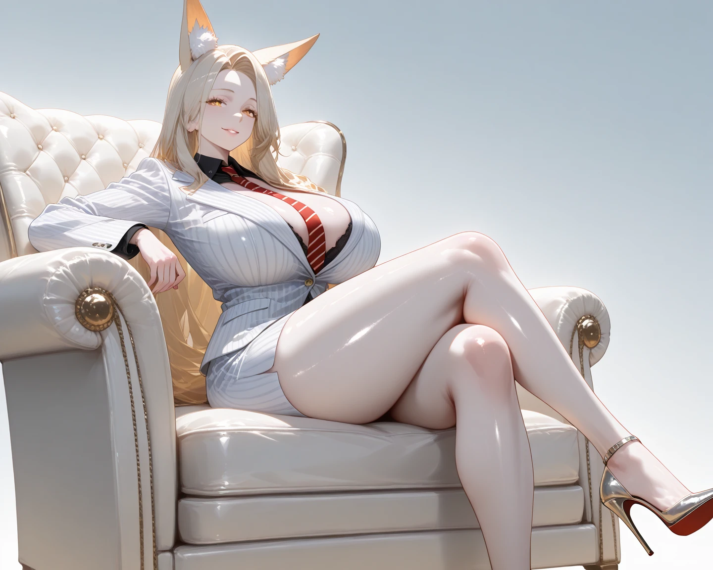 Fantasy style, fat girl, overweight girl, wavy medium length blond hair, floppy bunny ears, big boobs, big butt, red lingerie, detailed face, smile, bright, solo
