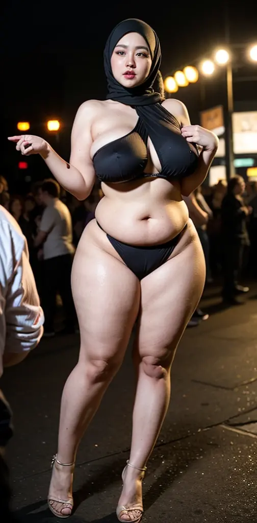 Thick curvy , beautiful indian girl in black bra and panty belly dancer dress surrounded by male crowd , hourglass figure , male crowd in the background, thick thighs , in a street, side back full body shot 
