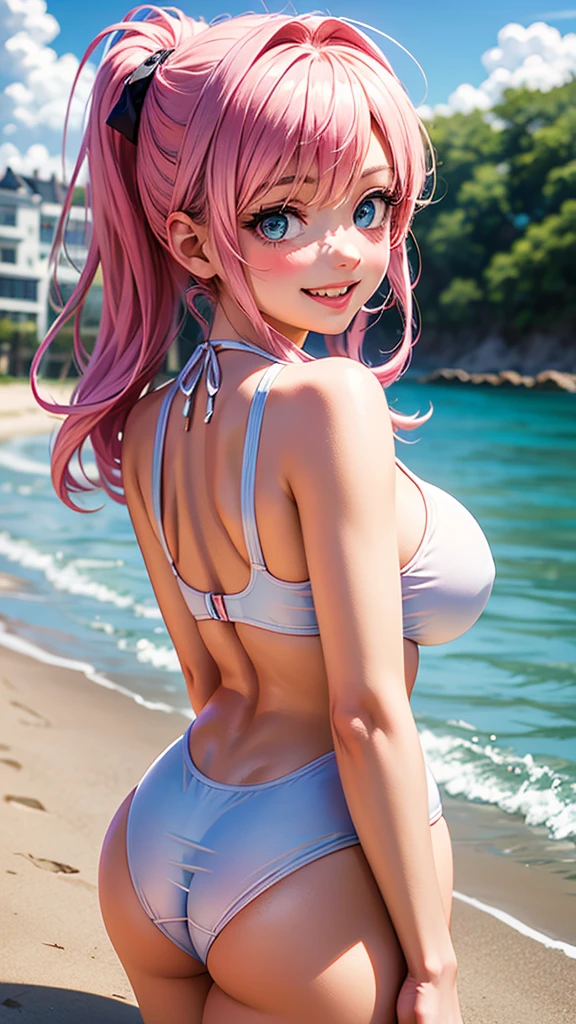 ((masterpiece, high quality, high resolution, absurd, super detailed, High saturation、8k)),real,upper body,(bikini:1.5),(1girl),small breasts,forehead,seductive smile,cute face、beautiful eyes、pink hair、 (on the beach)、zydG