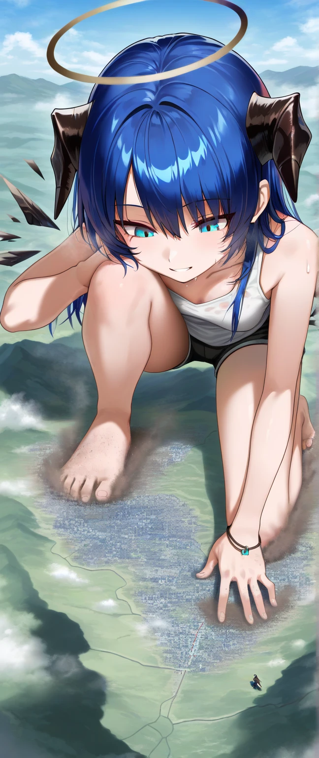 by dino, 1girl, breasts, long hair, solo, dress, cleavage, all fours, looking at viewer, blue eyes, grass, black hair, large breasts, blue hair