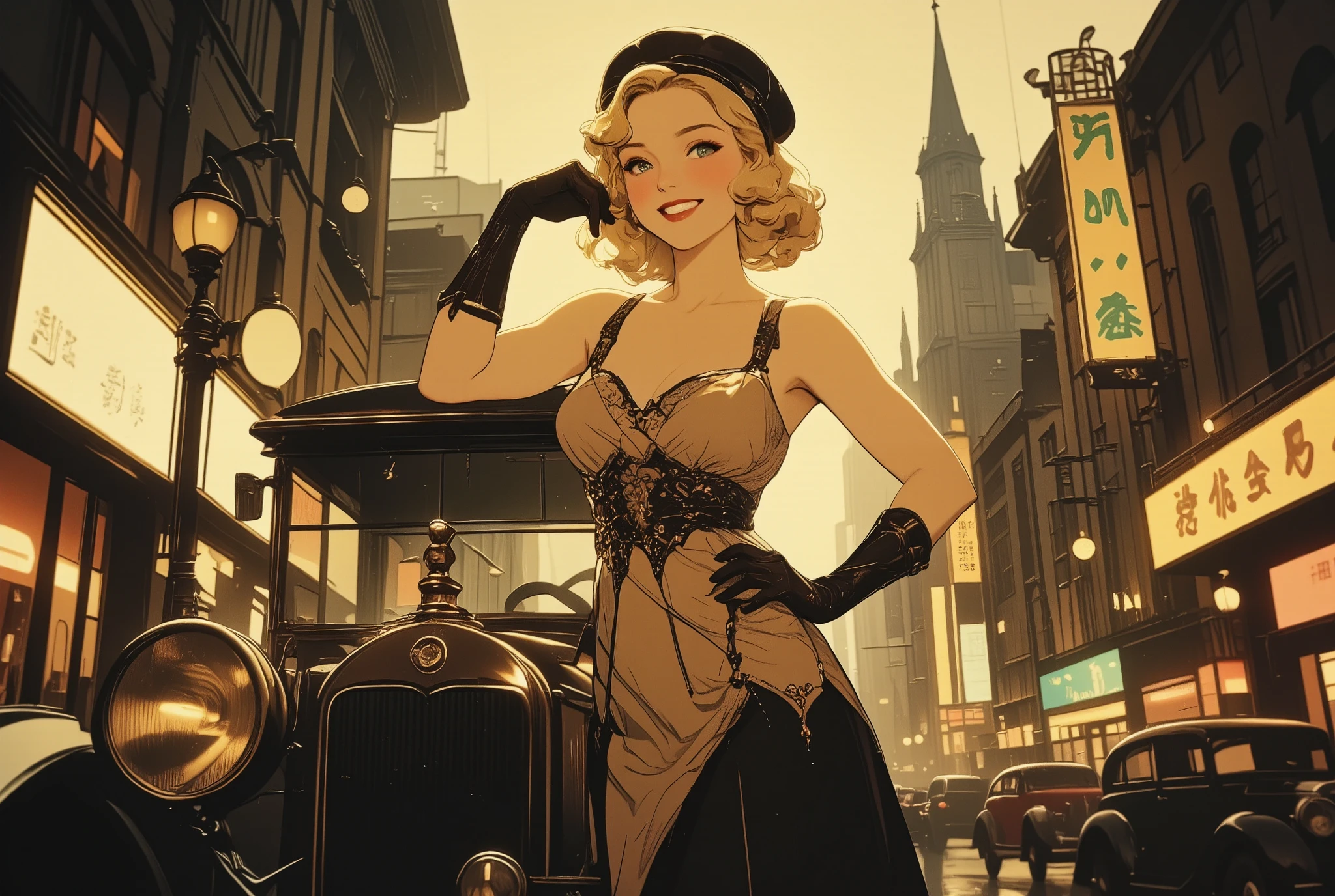 1930s, full colored picture, smiling elegant pinup girl in silk bias-cut midi dress, soft finger waves hairstyle, delicate geometric Art nouveau patterns, long gloves and cloche hat,
eccentric posing on an Art nouveau city hometown with vintage automobiles and signs, soft diffused lighting, slight sepia tone, clouded sky, rain,