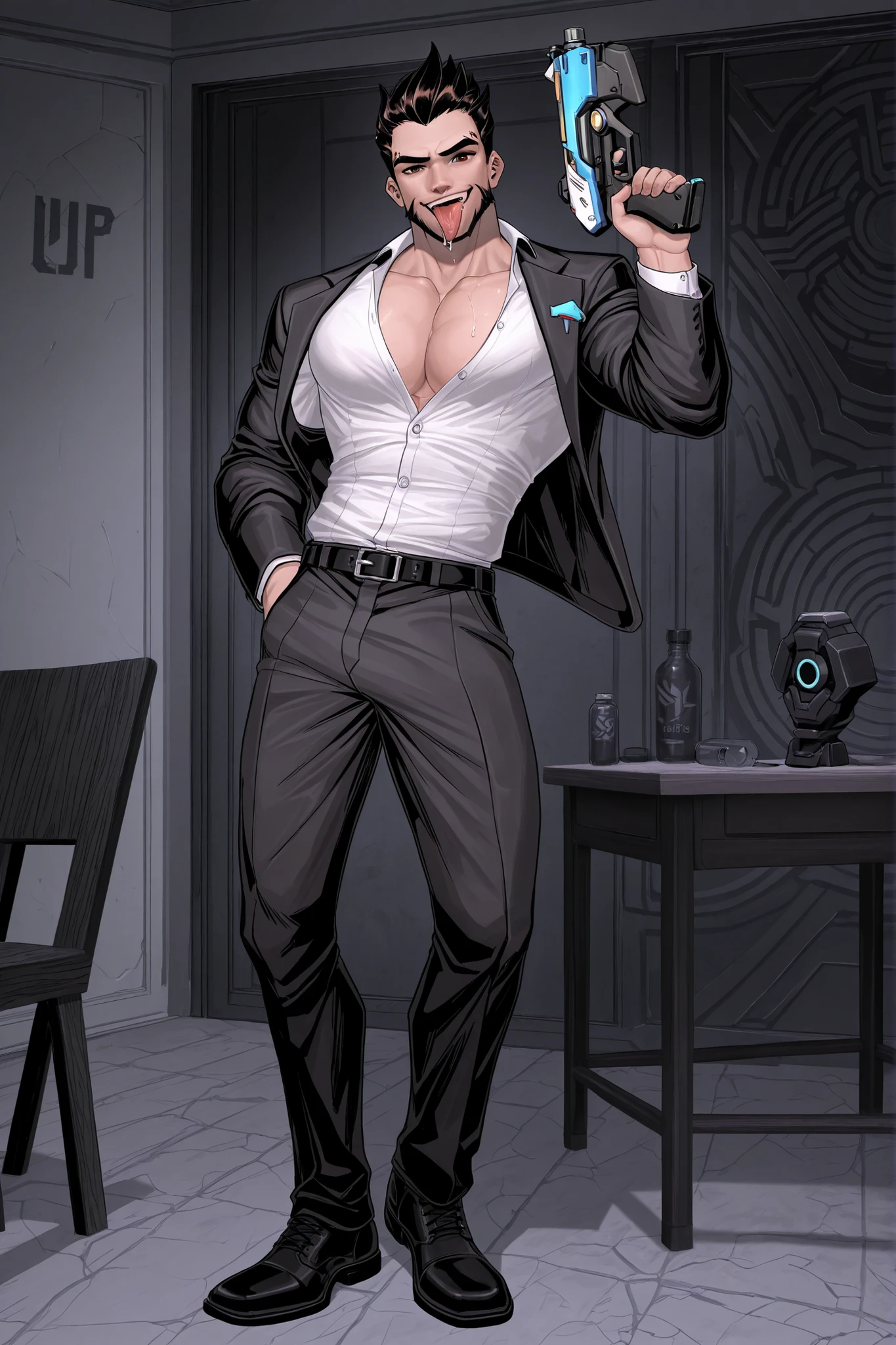 Leonid clicks his tongue, a smirk spreading across his face as he slowly unbuttons his suit jacket. He shrugs it off, letting it pool around his waist as he leans back in his chair.
Like what you see, detka (sweetie)? he murmurs, his deep voice dripping with amusement. Underneath the jacket, he's wearing a crisp, white dress shirt that stretches taut over his broad, muscular chest. The top few buttons are undone, teasing a glimpse of his toned torso, with a gun and a suit, overwatch character concept art, valorant character, detailed full body concept, full body action concept art, overwatch character, overwatch skin, from overwatch, omen from valorant, video game characters designs, detailed full body concept art, full body concept, video game character concept, full body concept art