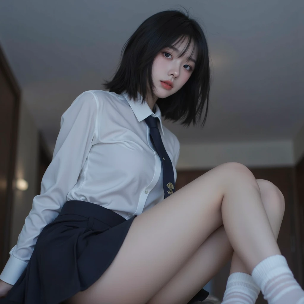 Asian Girl posing for photo,  wearing navy pleated skirt and knee high socks,  Nudity,  small boobs,  small tits,  topless,  shirtless,  naked tits,  small natural boobs,  bare boobs,  bare tits,  cleavage,  midriff,  naval,  collarbone,  sitting,  legs open,  legs apart,  vagina,  pussy,  bare pussy,  bare vagina,  NSFW,  indoors,  slim body,  smaller bust,  long black hair with bangs,  thighs,  slim girl model,  20 year old female model,  super high quality,  4k,  high-res,  masterpiece,  best quality,  ((Hasselblad photography)),