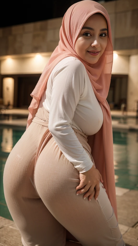 muslim Woman in tample, curvy body , wearing hijab bali, beautiful woman, very detail ,pawg, long legs ,thick high, full body in camera, from side, big booty