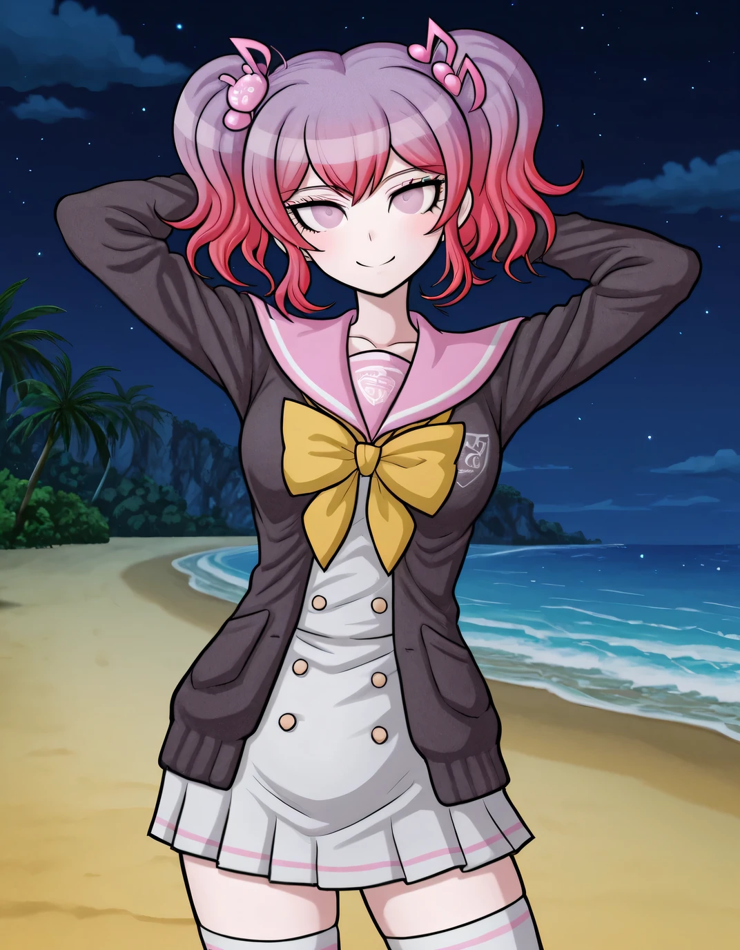 Hibiki Otonokoji, Rui Komatsuzaki art style, danganronpa art style, gradient hair, purple hair, pink hair, bangs, pigtails, hair ornament, music note hair ornament, pink eyes, cardigan, open cardigan, black cardigan, sailor collar, pink sailor collar, dress, white dress, ribbon tie, yellow ribbon tie, thighhighs, high quality, solo, cowboy shot, ((contrapposto)), arms behind head, closed mouth, night sky, beach, looking at viewer, smile, best quality